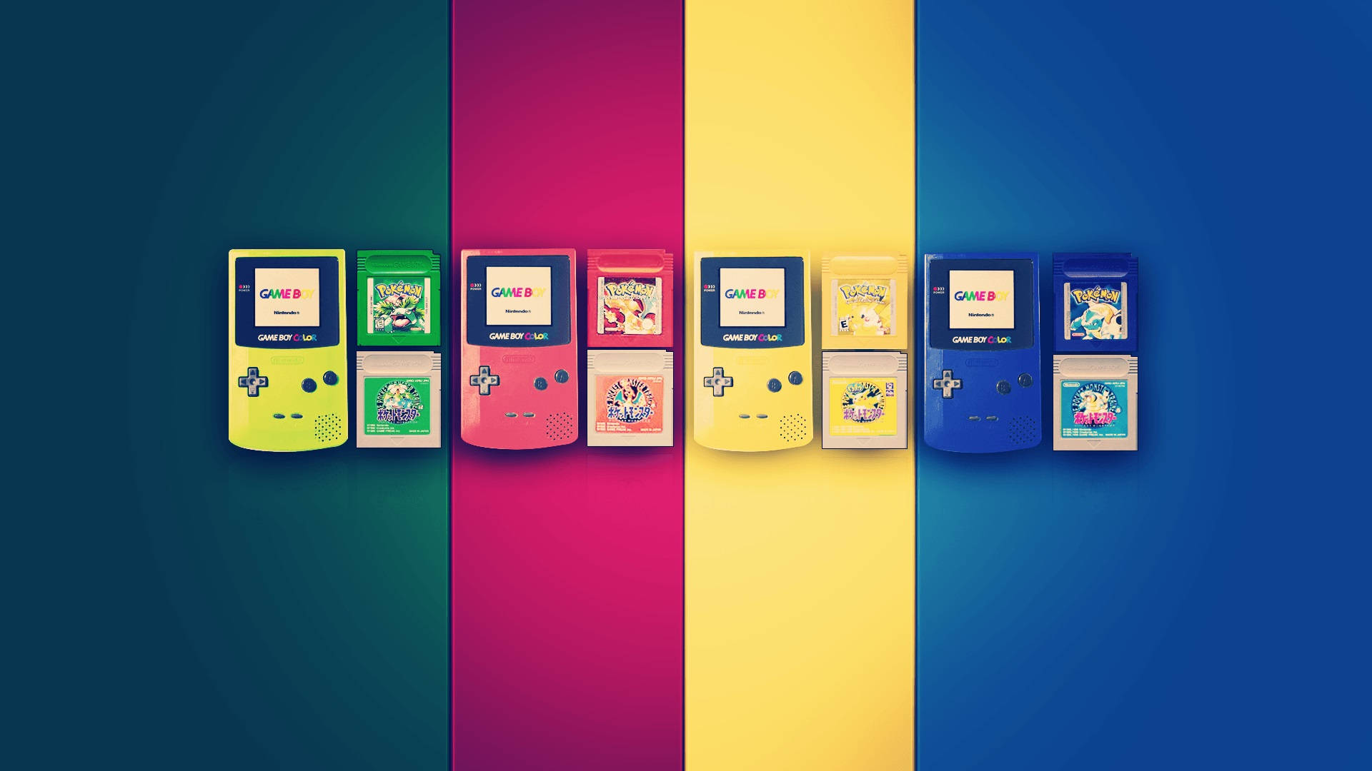game 桌布 壁紙 — 六部色彩繽紛的Game Boy主機與寶可夢卡帶，排列在充滿活力的垂直彩虹條紋背景前。