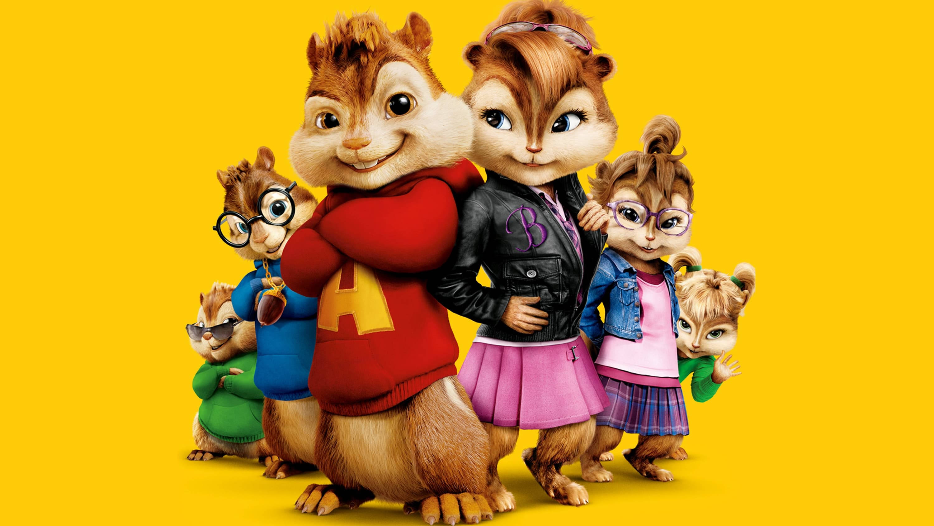 Chipmunks 桌布 壁紙 — 六隻動畫花栗鼠穿著色彩繽紛的服裝，在明亮的黃色背景前自信地擺姿勢。
