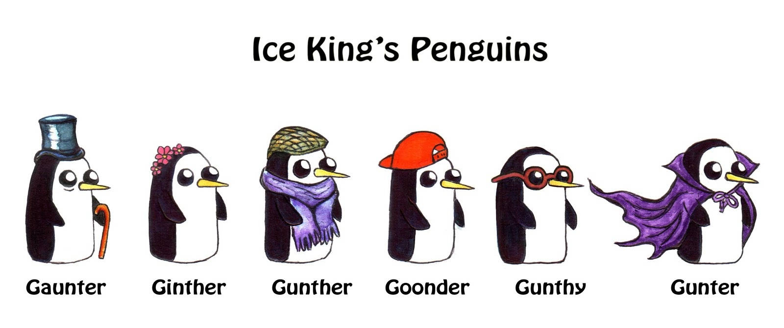 adventure 桌布 壁紙 — 六隻卡通企鵝穿著不同的服裝，在標題 Ice King's Penguins 下一字排開。