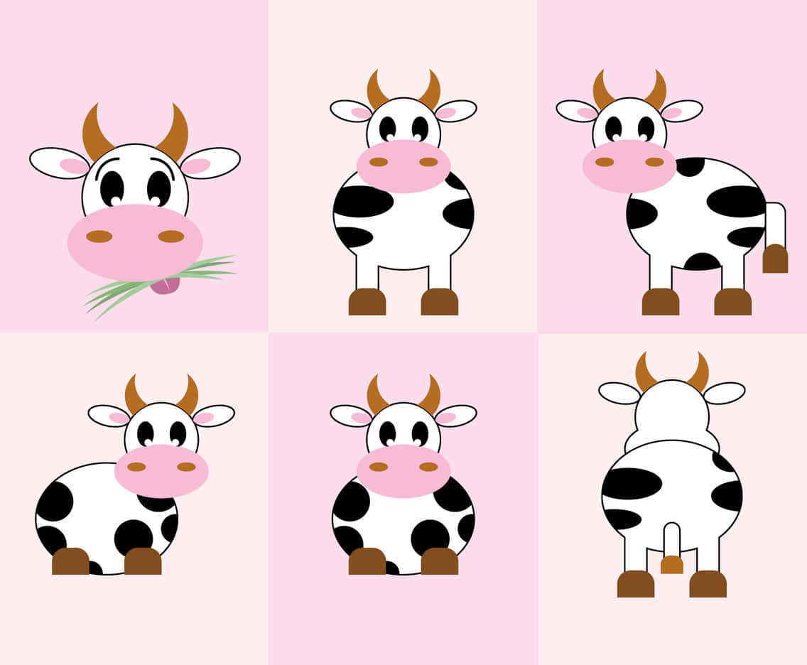 Cartoon Cow 桌布 壁紙 — 六隻可愛卡通牛在粉彩色粉紅背景上以不同姿勢呈現，帶有黑白斑點。