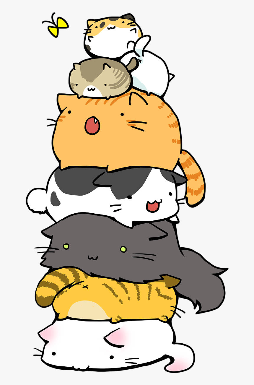 Cute Kawaii Cat 桌布 壁紙 — 六隻可愛卡通貓咪以不同顏色堆疊高高，上方有一隻黃色蝴蝶翩翩飛舞。