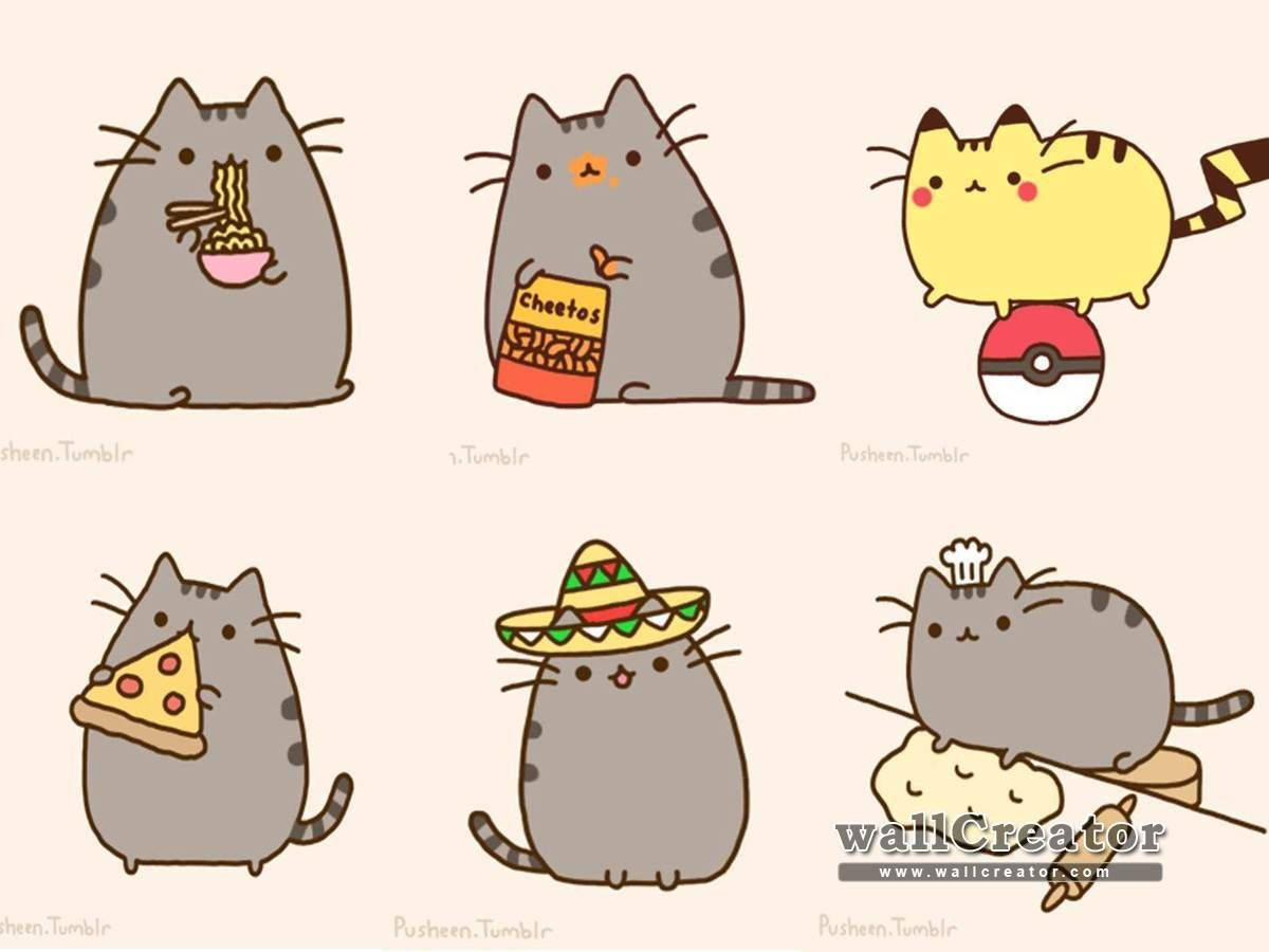 pusheen 動圖 桌布 壁紙 — 六隻可愛卡通貓咪以各種玩樂姿勢，配上食物和配件，在柔軟的米色背景上。