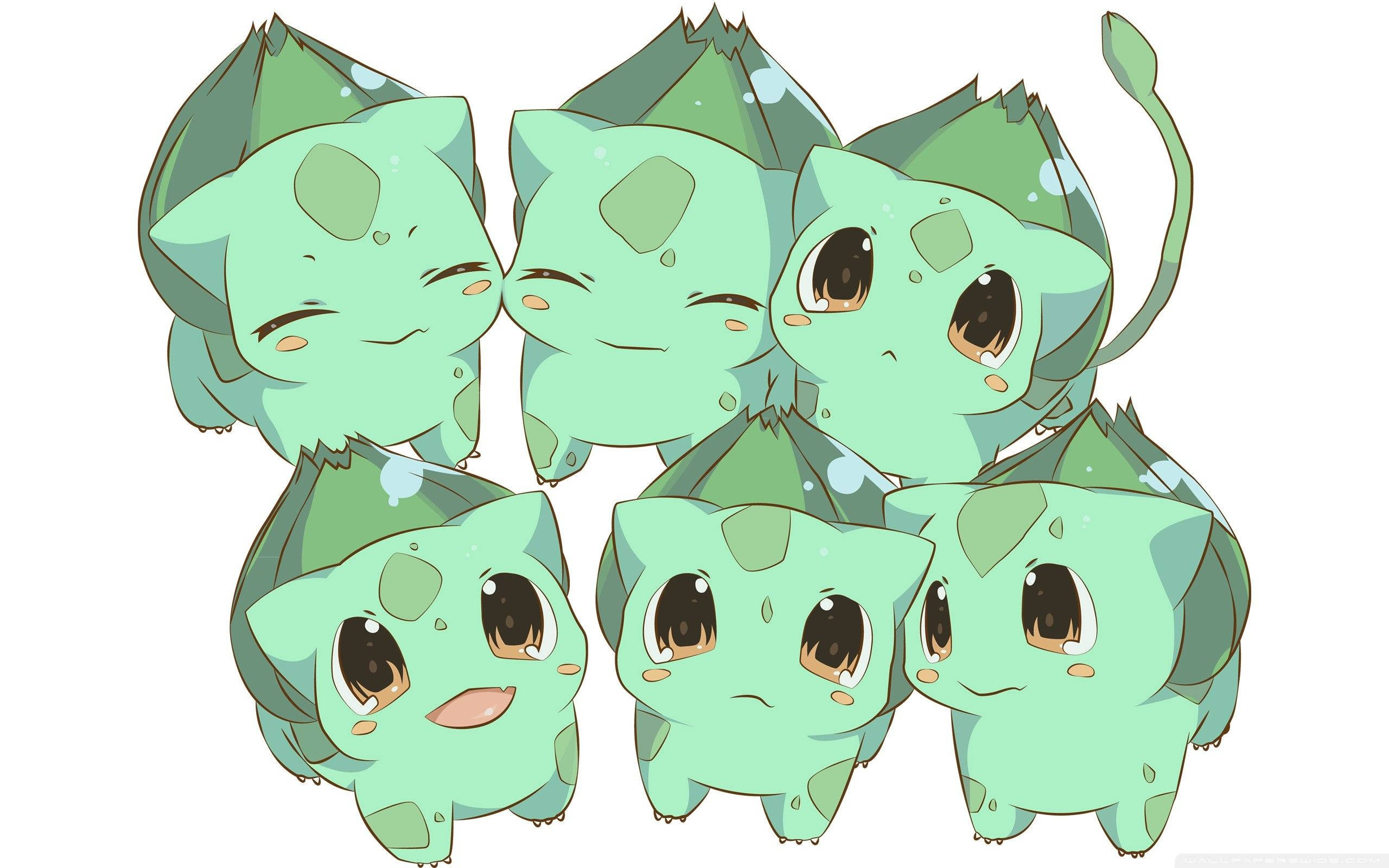 Bulbasaur 桌布 壁紙 — 六隻可愛的chibi Bulbasaur，表情多變，葉子上有露珠。
