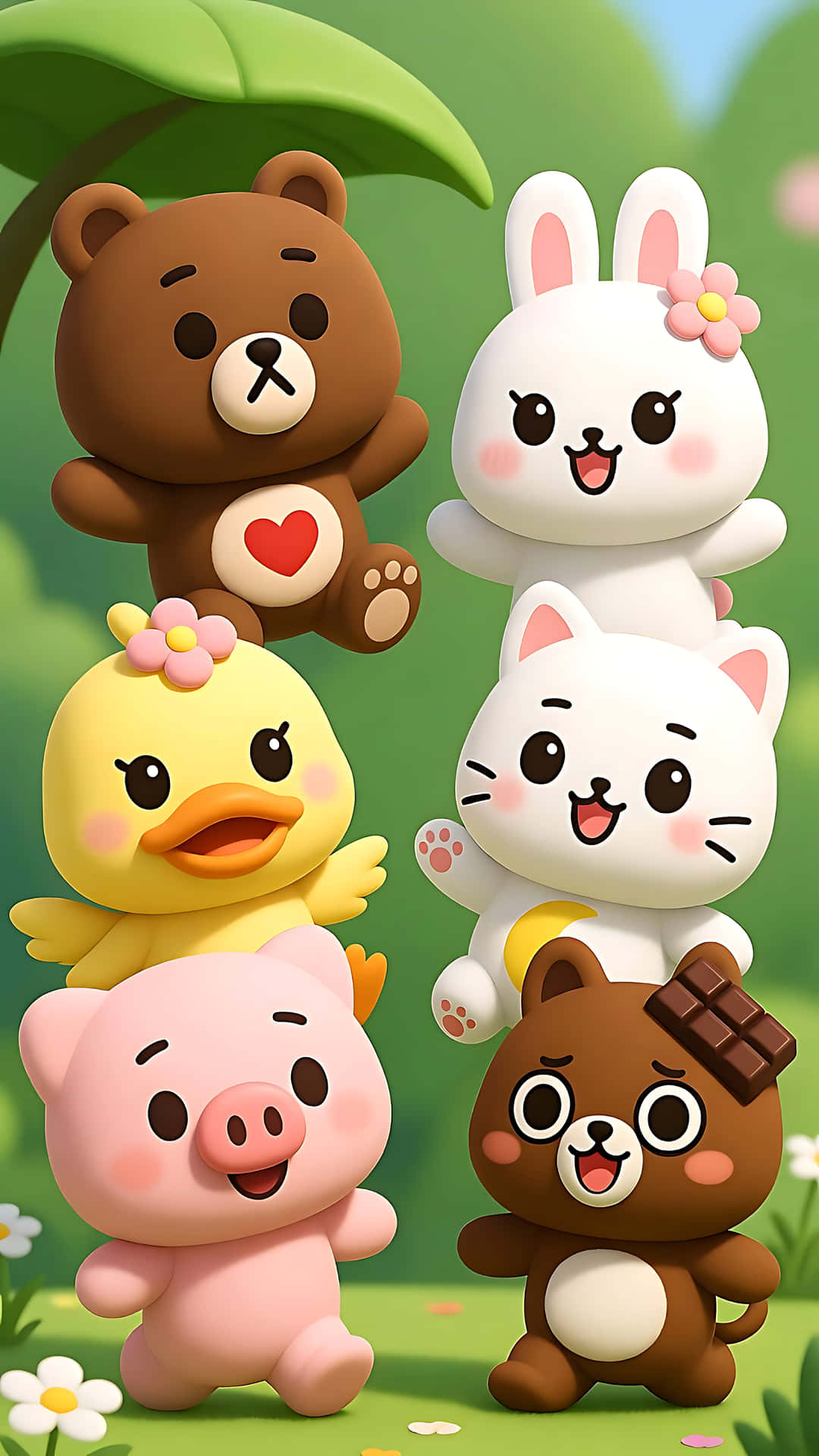 Adorable cartoon animal characters playing in a lush green park 壁紙 — 六隻可愛的卡通動物，包括熊、兔子、鴨子和豬，一起站在茂密的樹下，在一片明亮的綠色草地上。