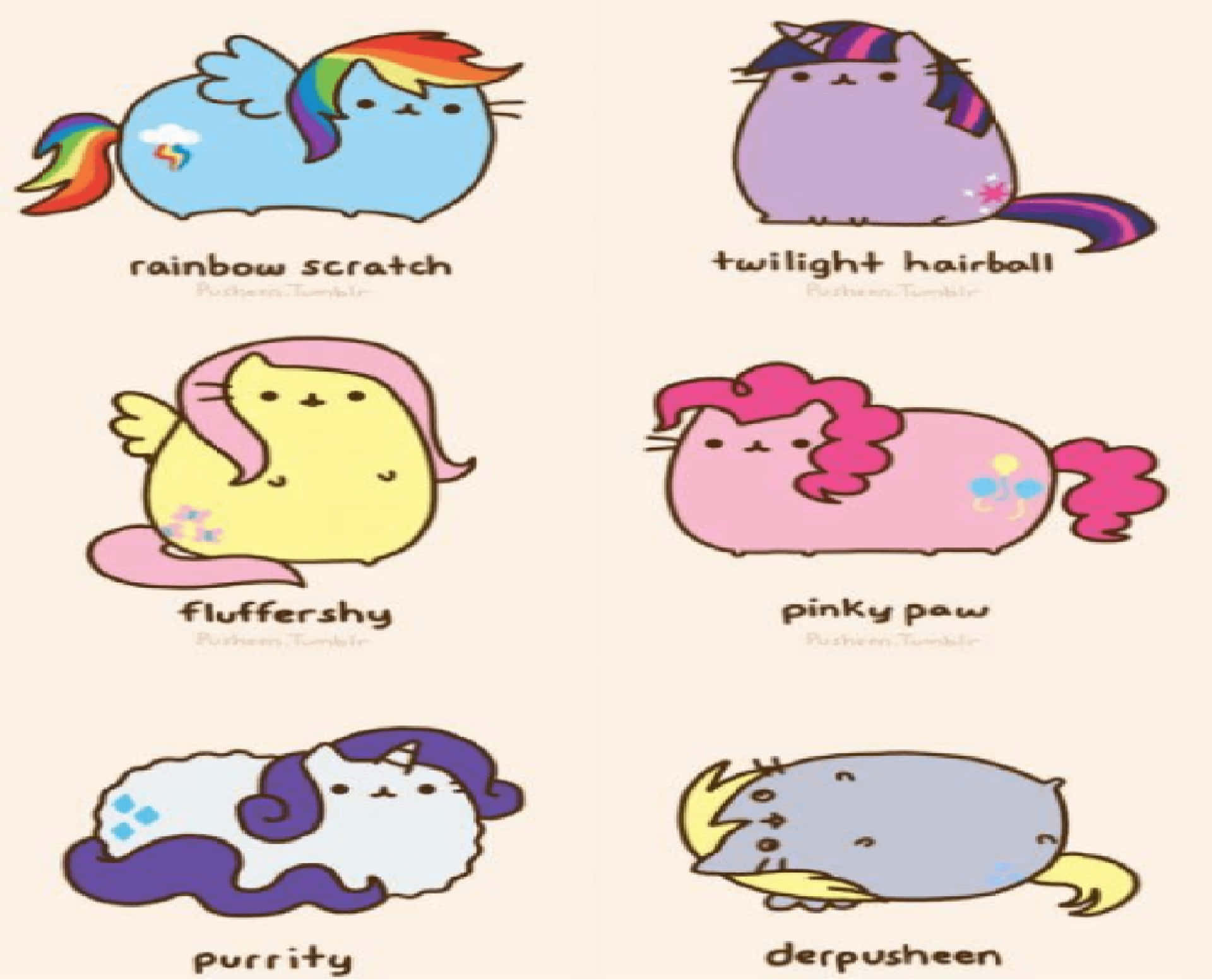 六隻粉彩色卡通貓，有彩虹鬃毛和翅膀。 — Pusheen 動圖 壁紙