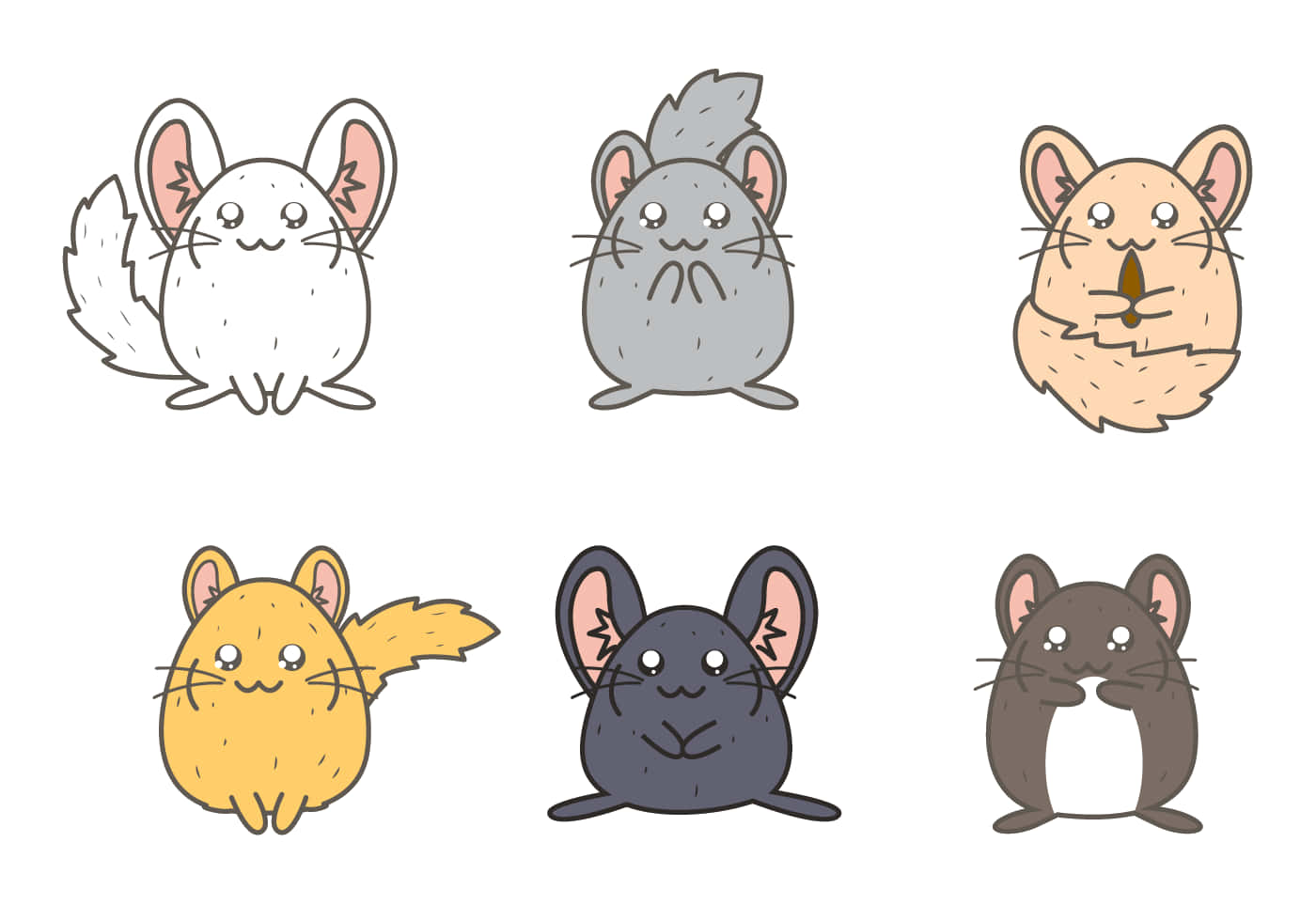 chinchilla 桌布 壁紙 — 六隻可愛的卡通龍貓，採用柔和色彩、簡單線條和柔和陰影，白色背景。