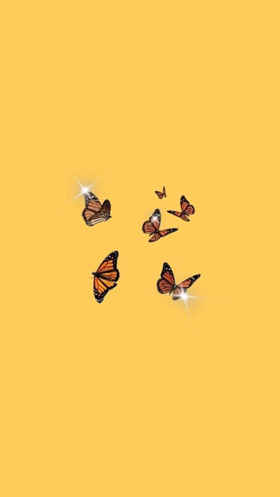 Butterflies 桌布 壁紙 — 六隻帶有發光星星效果的帝王蝶在純暖黃色背景上飛舞。