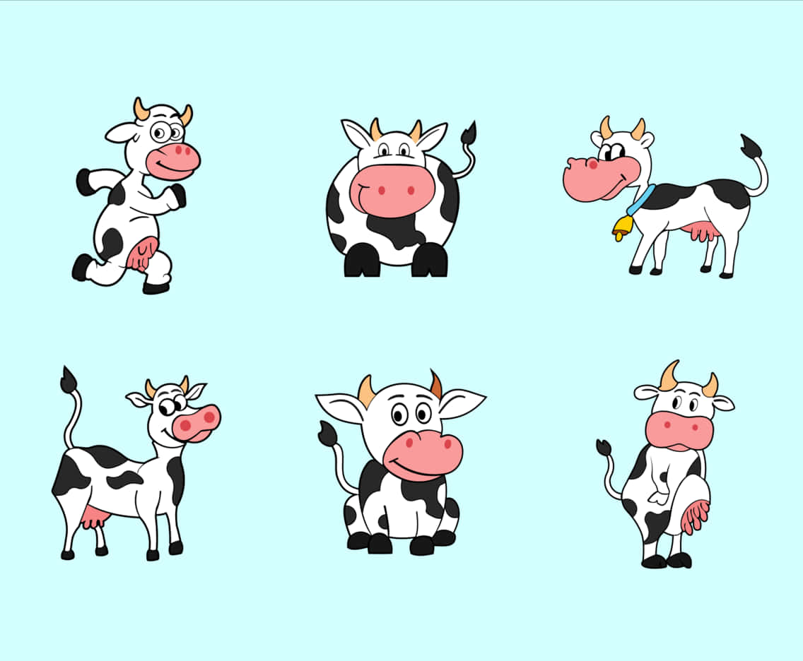 Cartoon Cow 桌布 壁紙 — 六隻快樂的卡通牛在淺藍色背景上擺出各種俏皮姿勢。