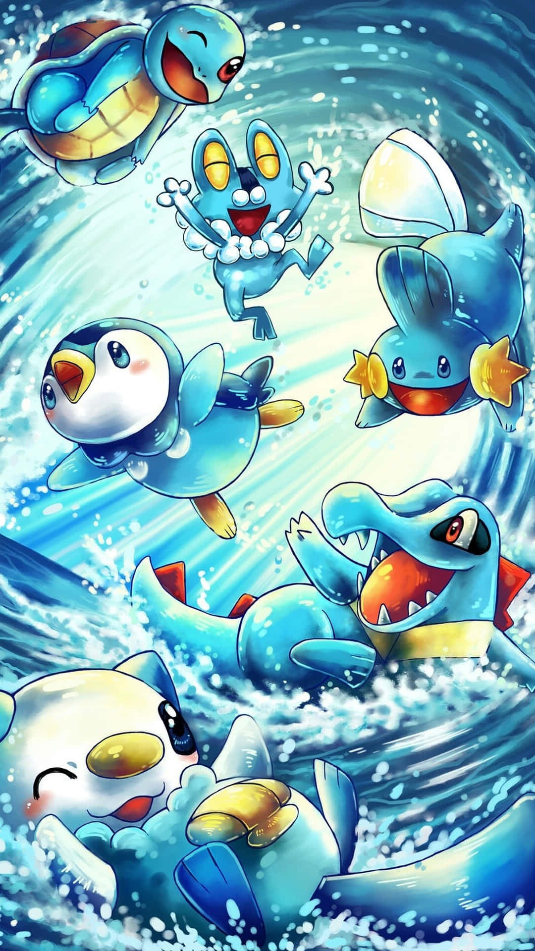 Pokemon Characters 桌布 壁紙 — 六隻快樂的藍色水屬性寶可夢在明亮的陽光下，在動態的海浪中潑水跳躍。