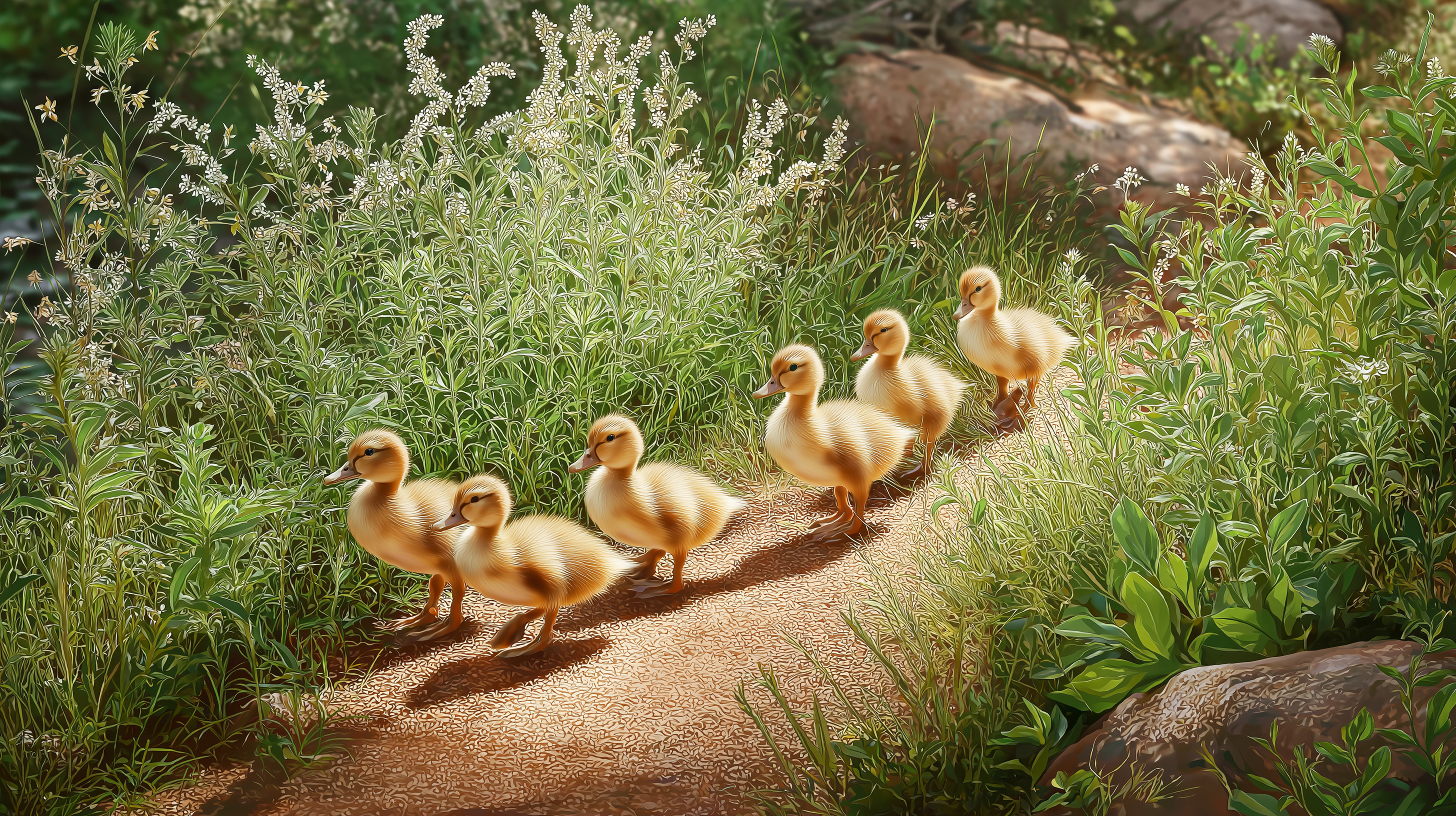 ducks 桌布 壁紙 — 六隻毛茸茸的黃色小鴨在陽光照耀的泥濘小徑上排成一列，穿過茂密的綠色樹葉和白色野花。