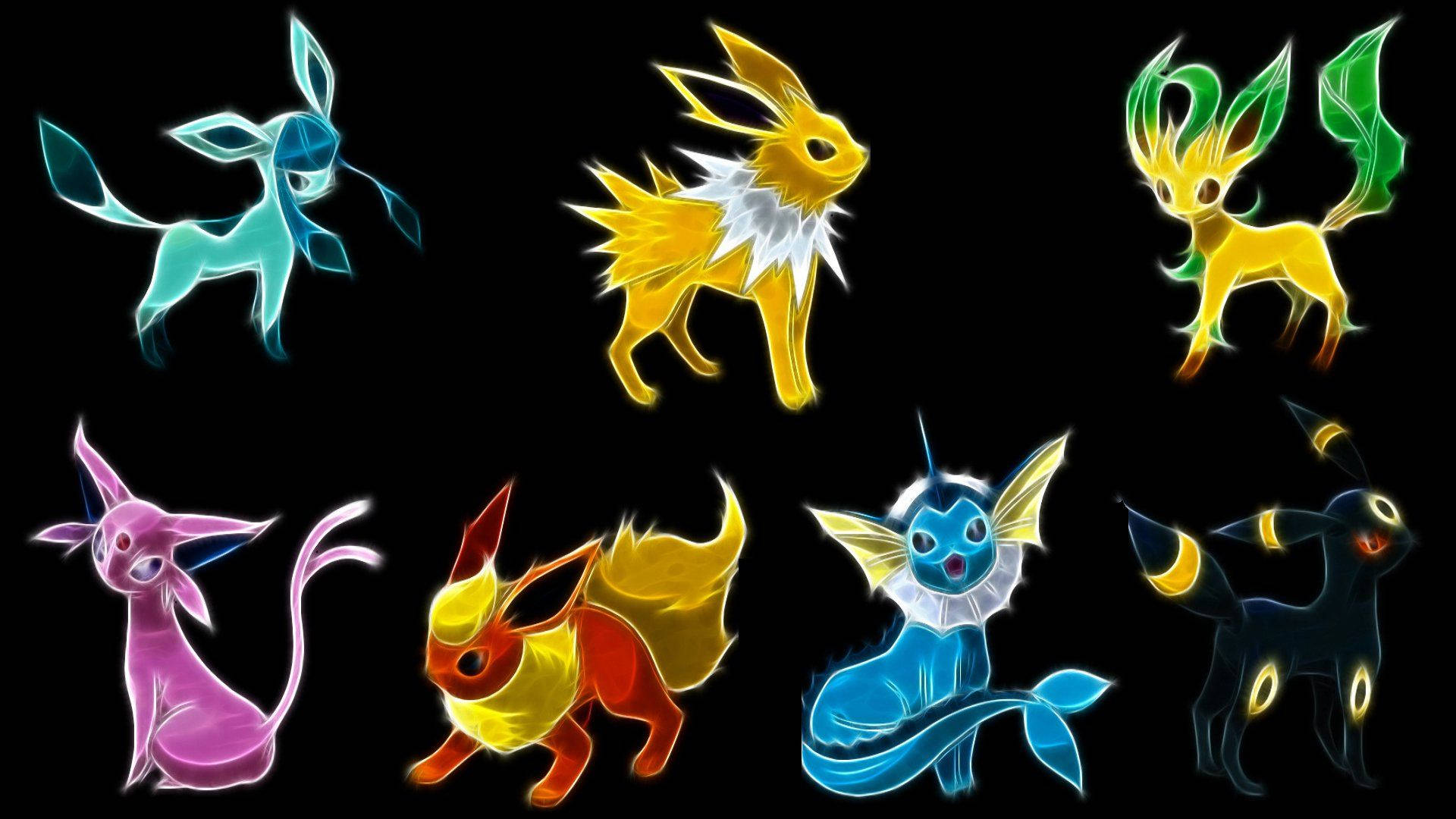 寶可夢 桌布 壁紙 — 六隻發光的 Pokémon 伊布進化型在黑色背景前擺姿勢，每隻散發出鮮豔色彩和獨特的進化形態。