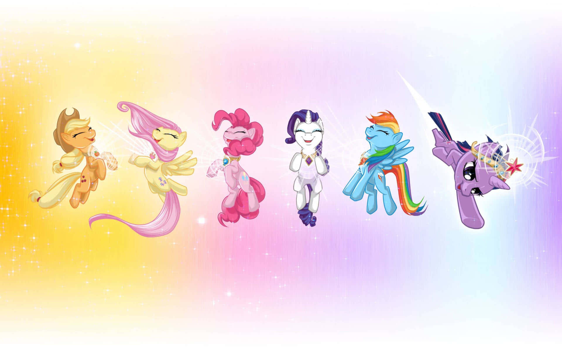 Mlp Phone 桌布 壁紙 — 六隻色彩繽紛的卡通小馬在閃爍的彩虹漸變天空中快樂地飛翔。
