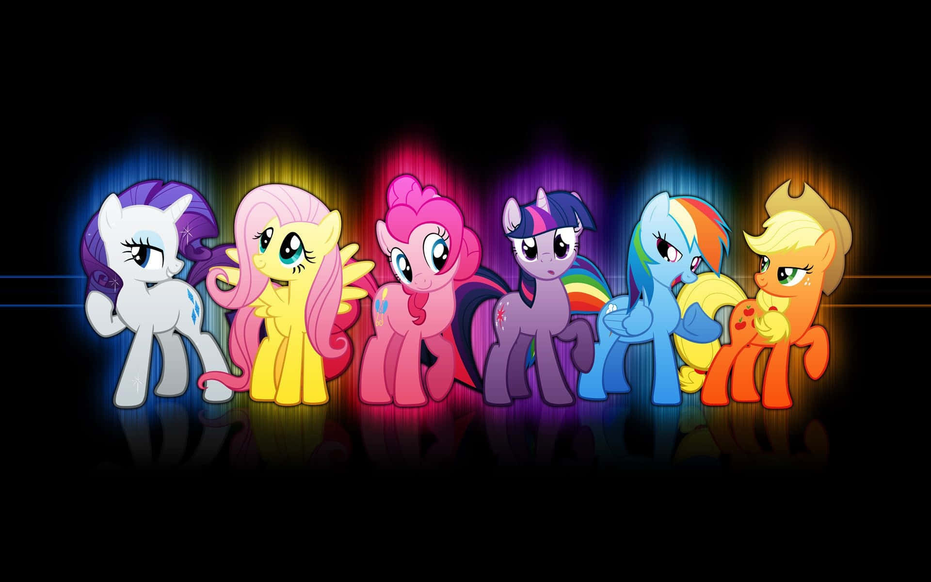 pony 桌布 壁紙 — 六隻色彩繽紛的卡通小馬排成一排，背景為黑色，身後有發光的彩虹燈光效果。