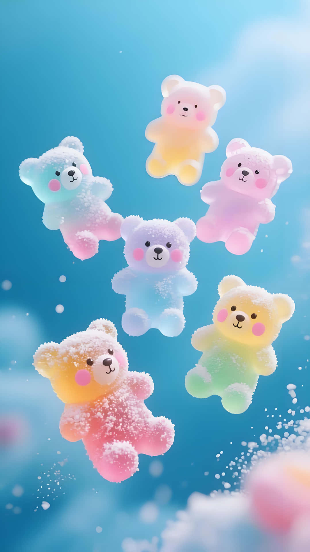 Pastel gummy bear wallpaper 壁紙 — 六隻覆蓋著糖晶體的粉彩泰迪熊在柔和的藍天中輕輕漂浮，伴隨著漂浮的粒子。