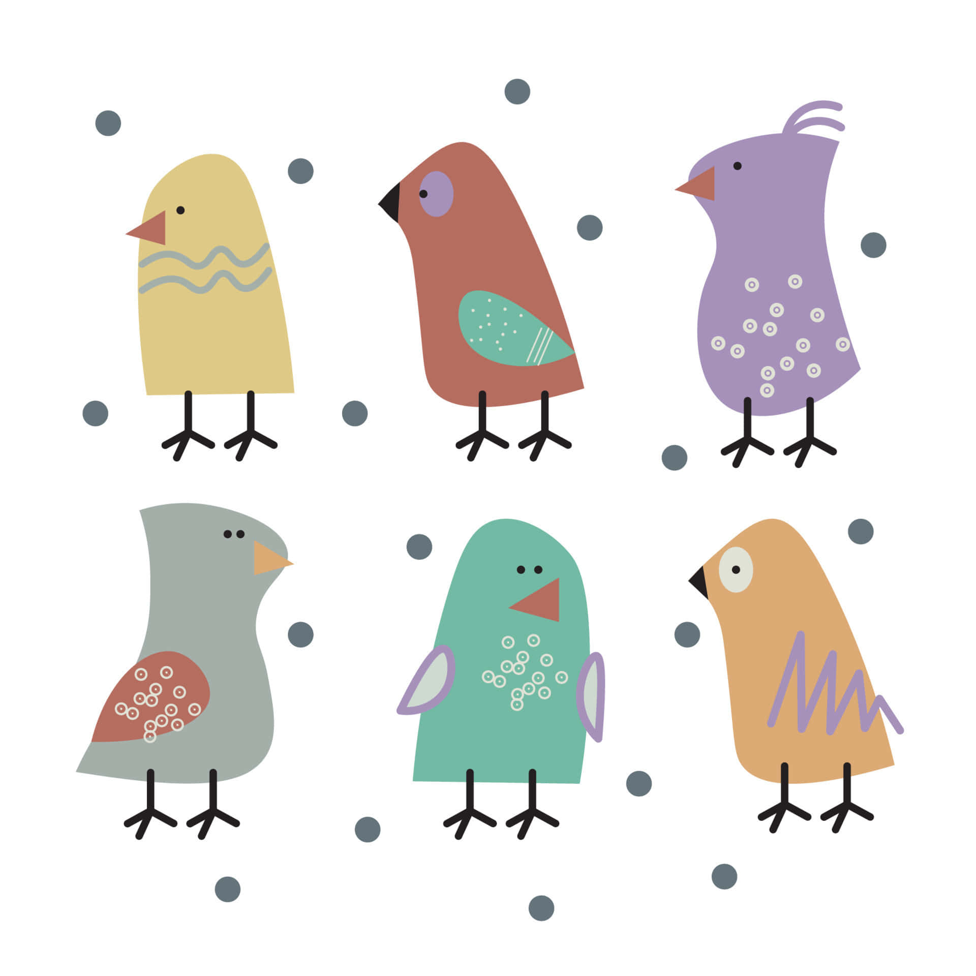 birds 桌布 壁紙 — 六隻風格化的卡通鳥，帶有圖案羽毛，站在白色背景上的灰色圓點之間。