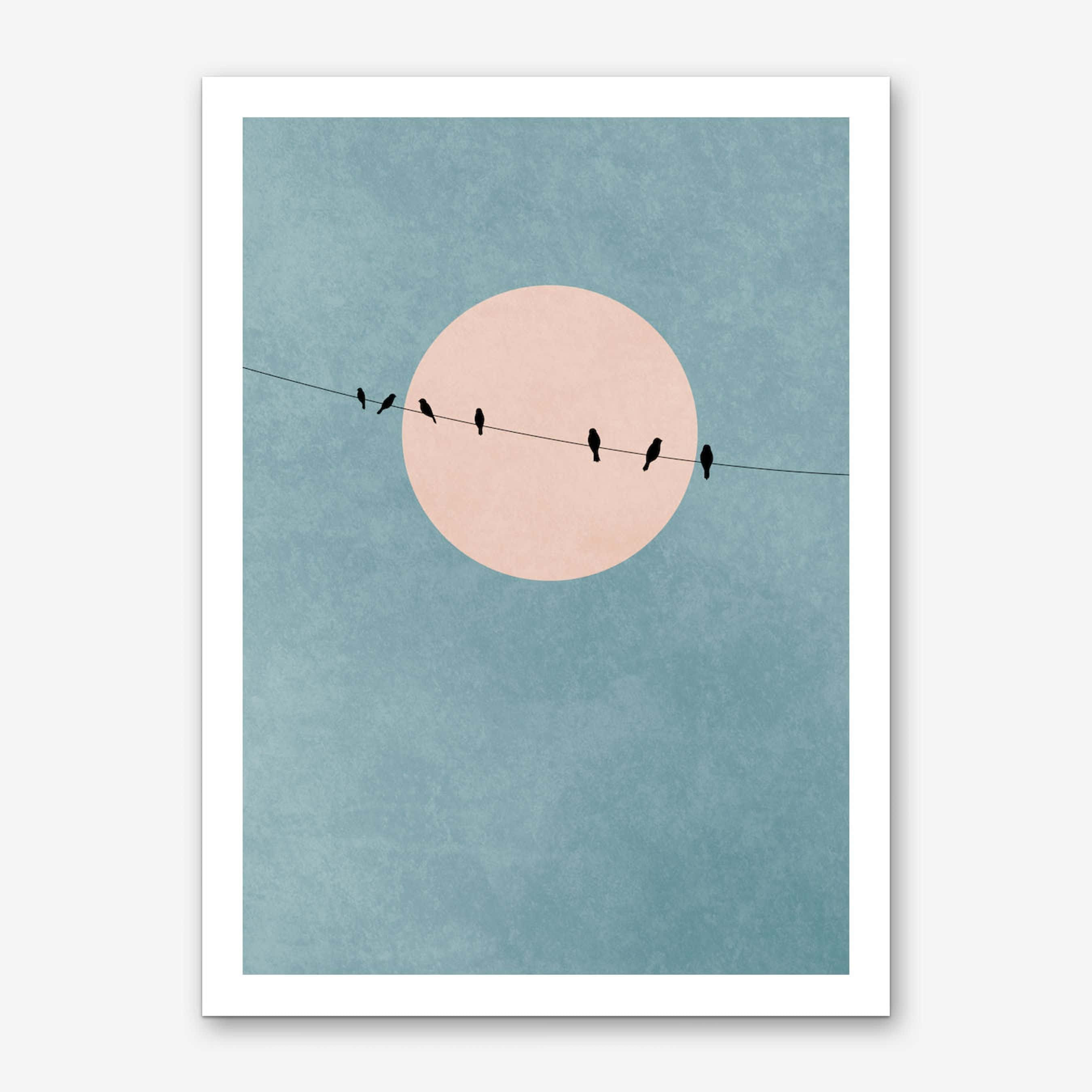 Minimalist Painting 桌布 壁紙 — 六隻黑色鳥類剪影排成一排棲息在電線上，背景是帶有紋理的藍天和柔和的粉紅色圓形太陽。