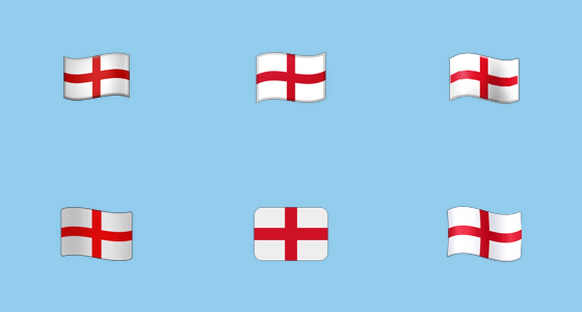 England Flag 桌布 壁紙 — 六面英格蘭國旗，白底紅十字，在淺藍色天空中飄揚。