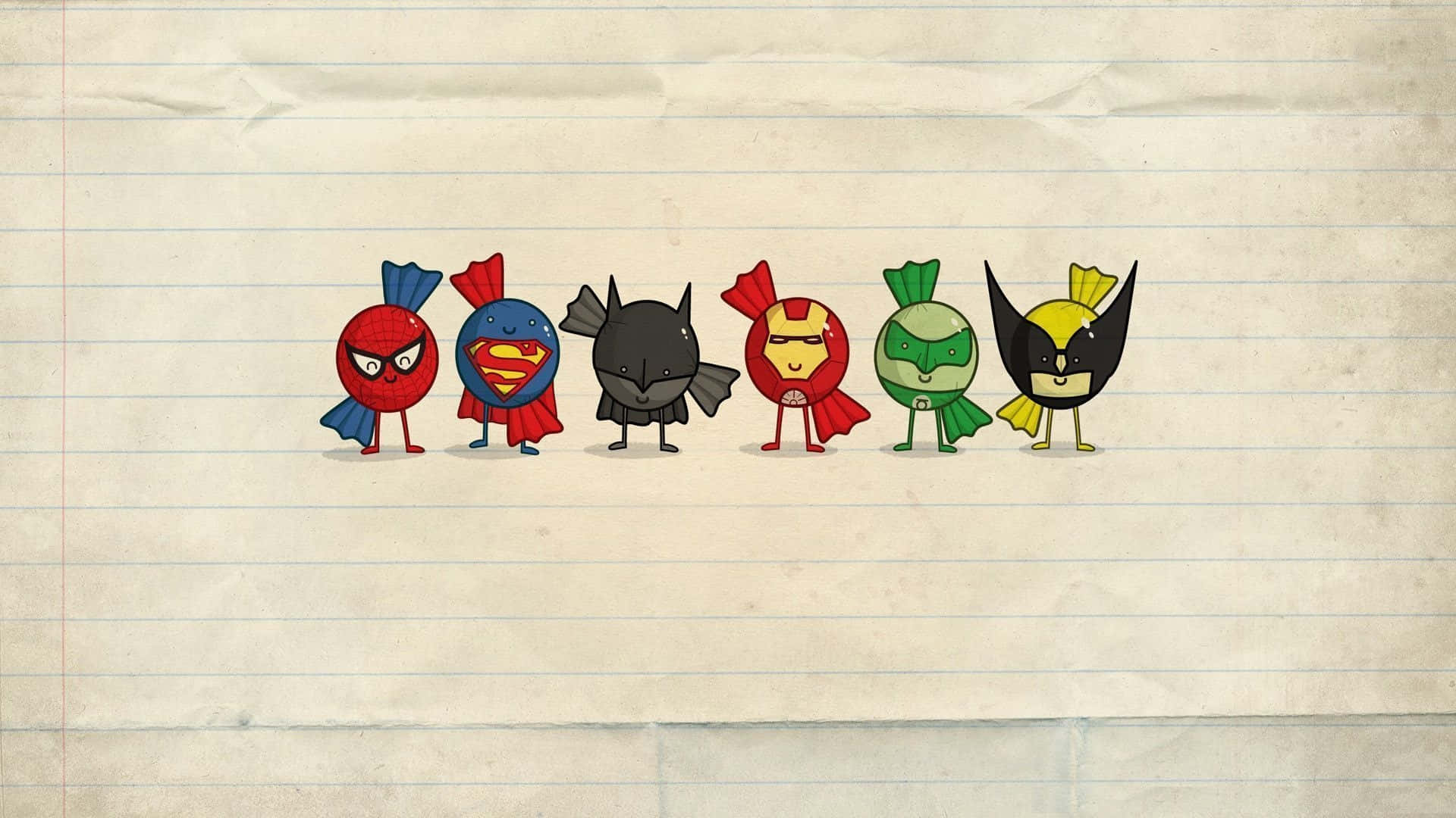 Animated Superhero Movies 桌布 壁紙 — 六顆卡通超級英雄糖果穿著標誌性服裝，排成一排站在有皺紋紋理的橫線筆記本紙上。