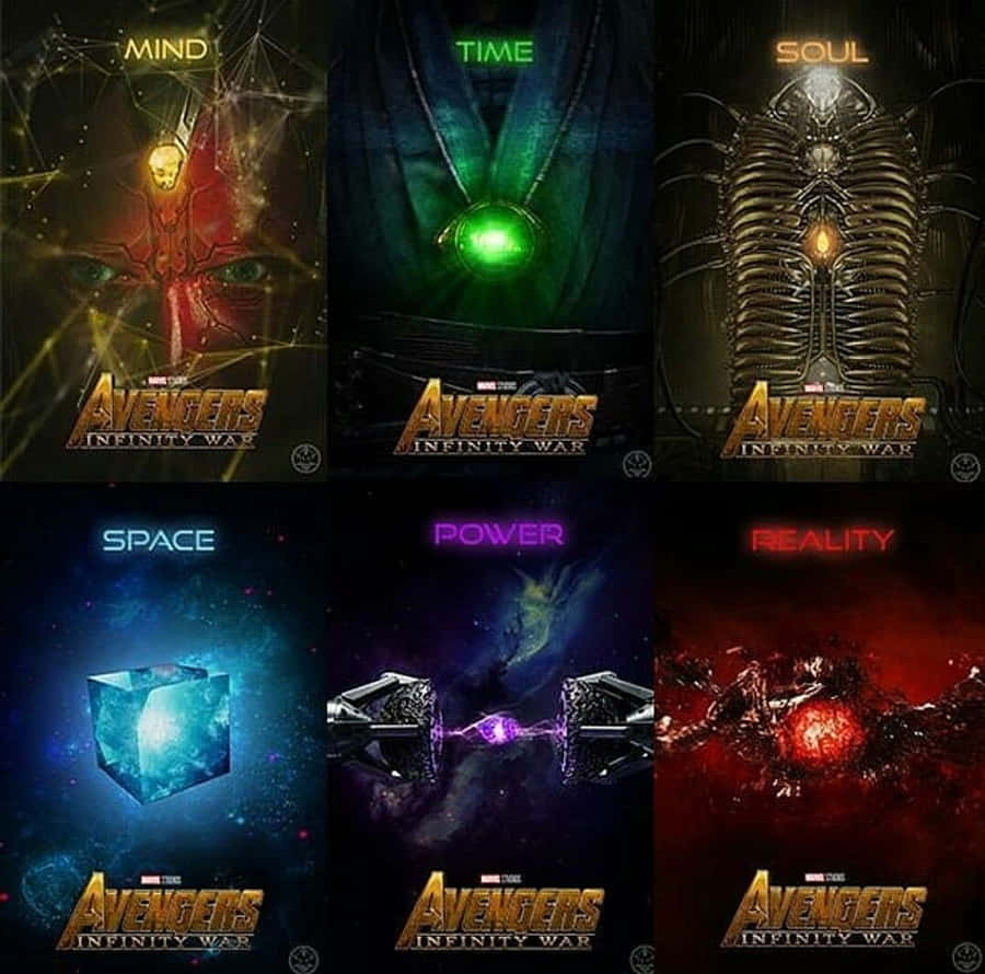 Mind Stone 桌布 壁紙 — 六顆無限寶石在黑暗的宇宙環境中各自散發獨特能量，標記為 mind time soul space power reality。