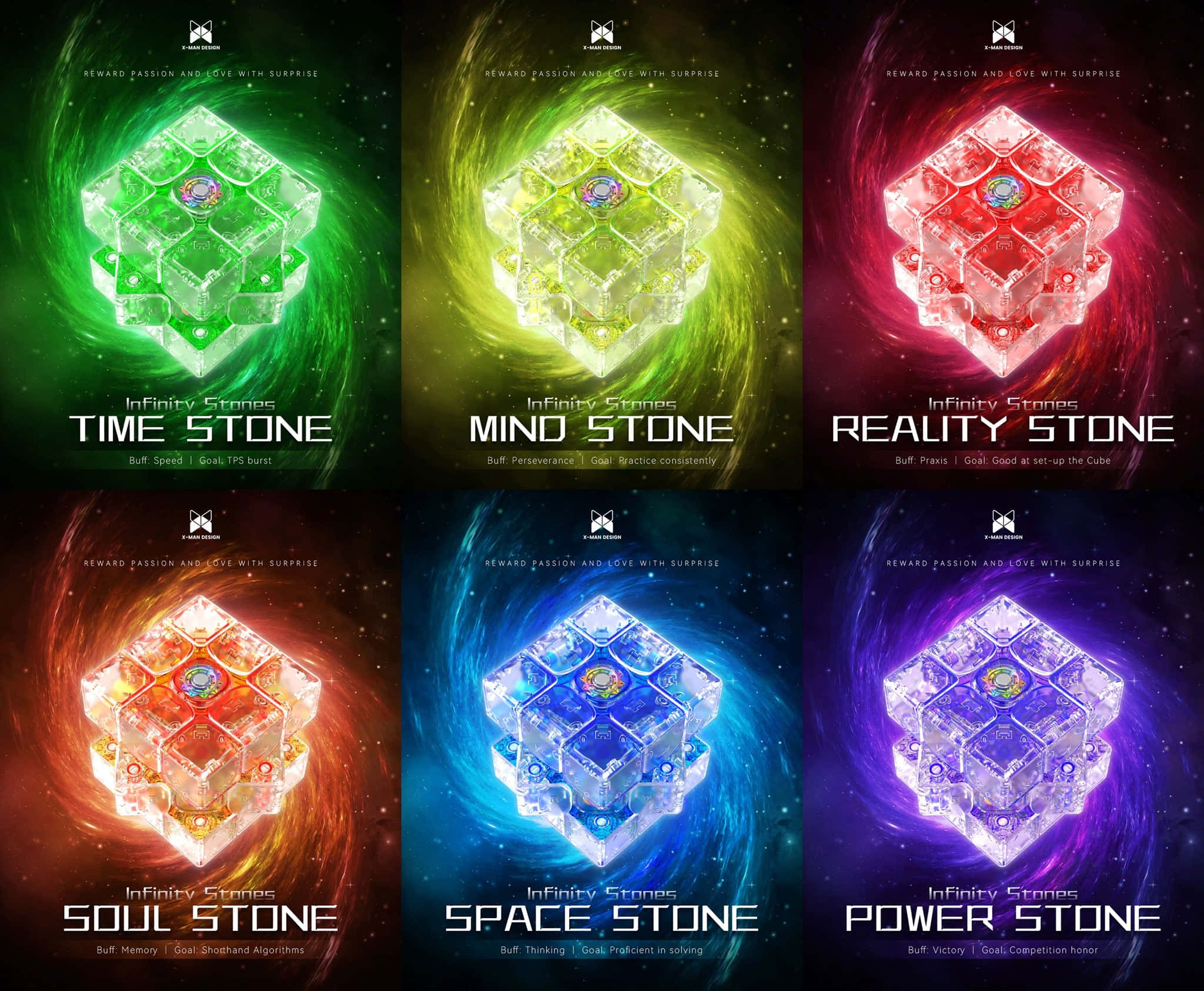 Soul Stone 桌布 壁紙 — 六顆發光的六邊形石頭，每顆散發出不同的顏色，並標有時間、心靈、現實、靈魂、空間和力量等能力，置於宇宙漩渦背景中。