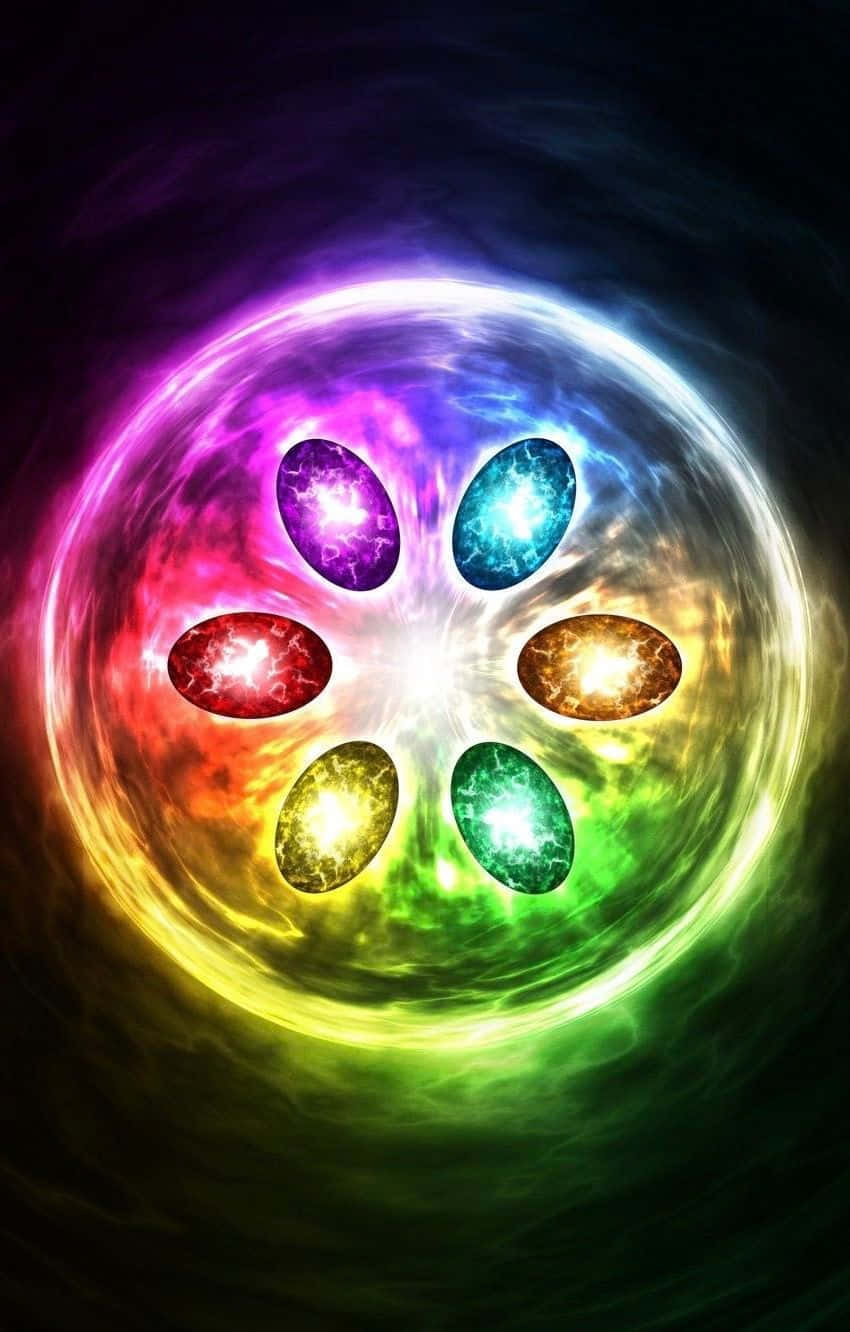 桌布 壁紙 — 六顆發光的宇宙寶石在黑暗虛空中旋轉的多彩漩渦內散發出充滿活力的能量。