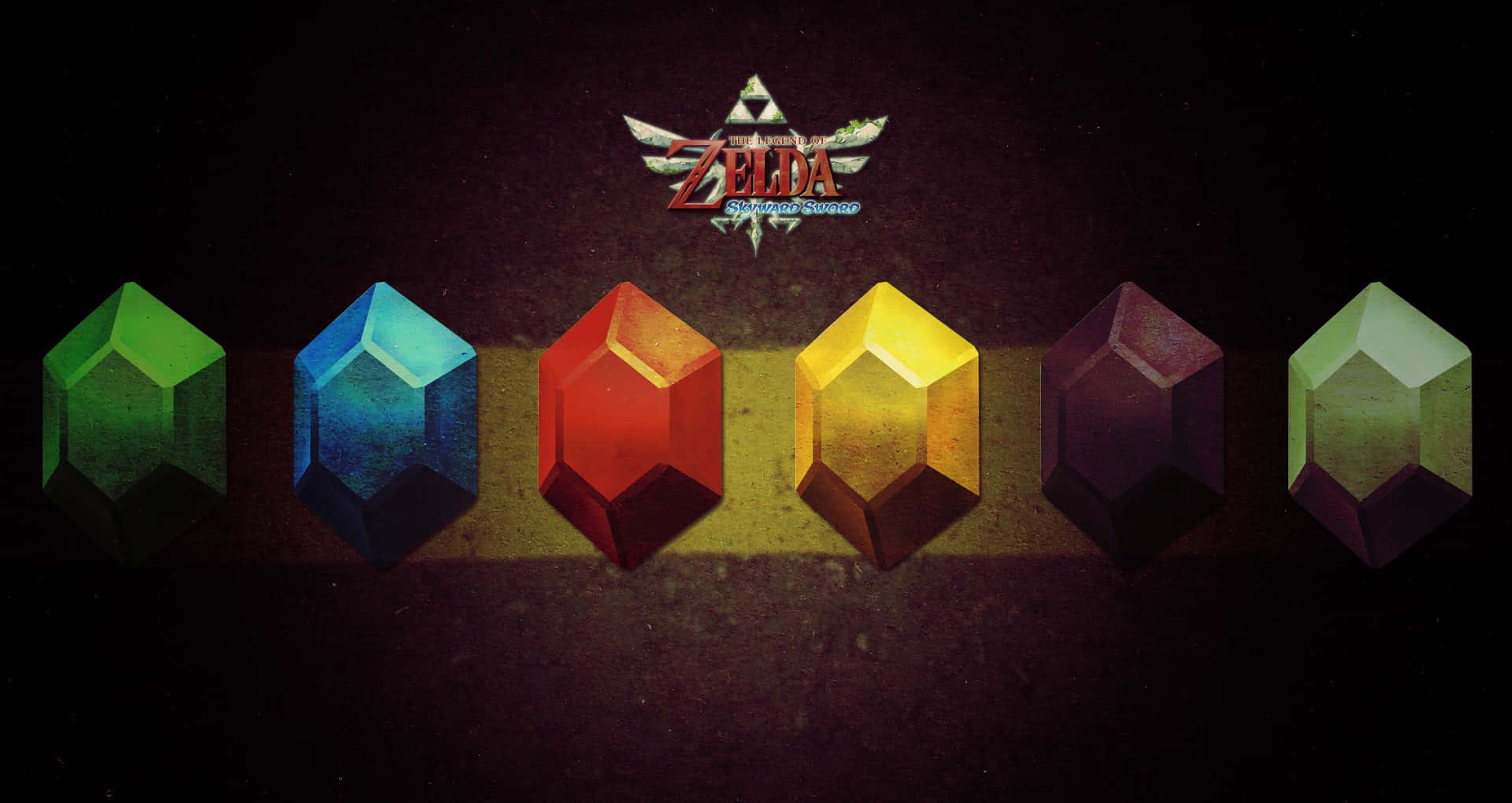 The Legend Of Zelda Skyward Sword 桌布 壁紙 — 六顆發光的彩色寶石排列成一排，位於《薩爾達傳說：天空之劍》標誌下方，背景為深色紋理。