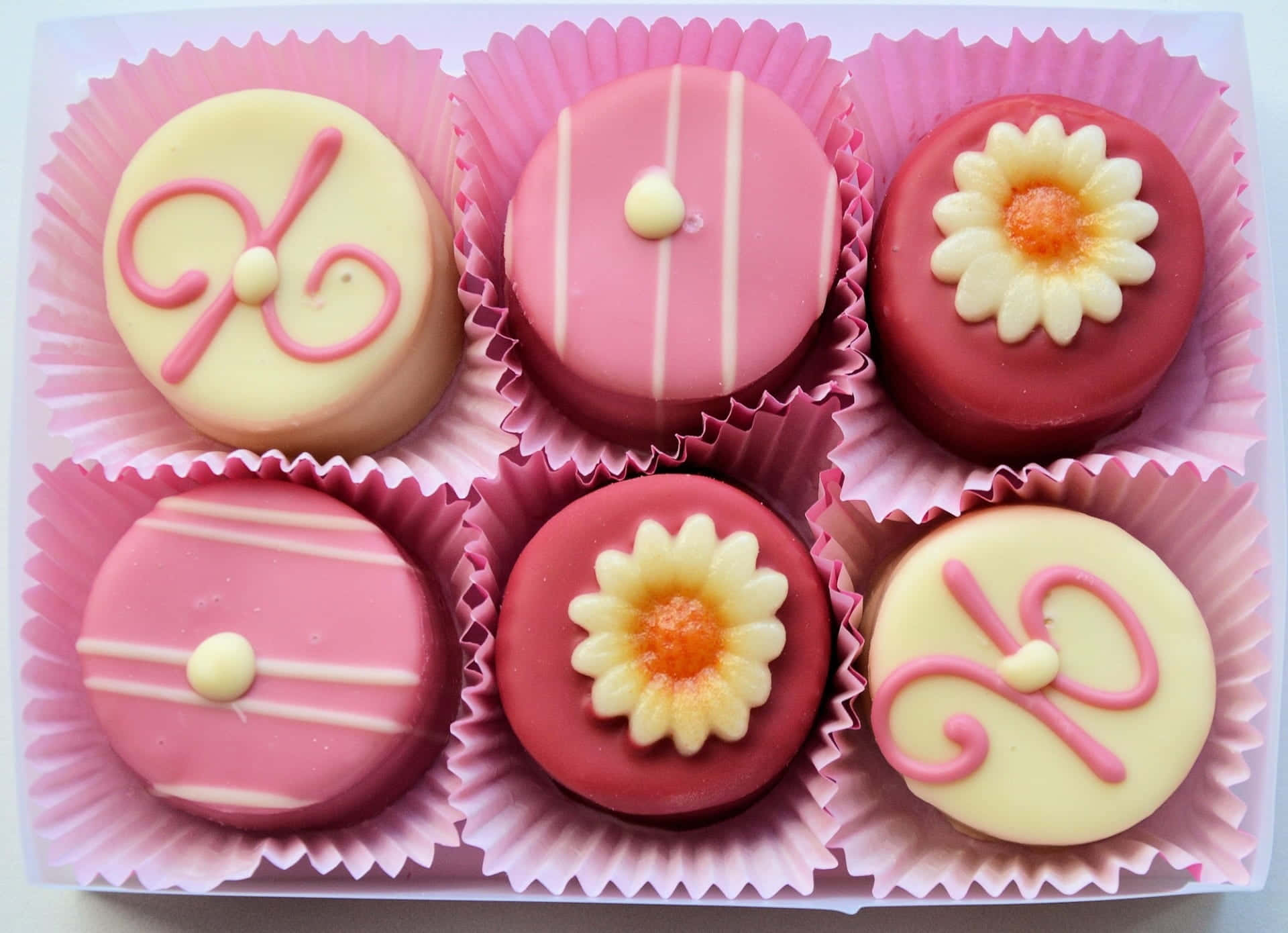 Pink Cupcakes 桌布 壁紙 — 六顆精緻裝飾的粉彩粉紅和黃色松露巧克力，放在相配的紙杯中。