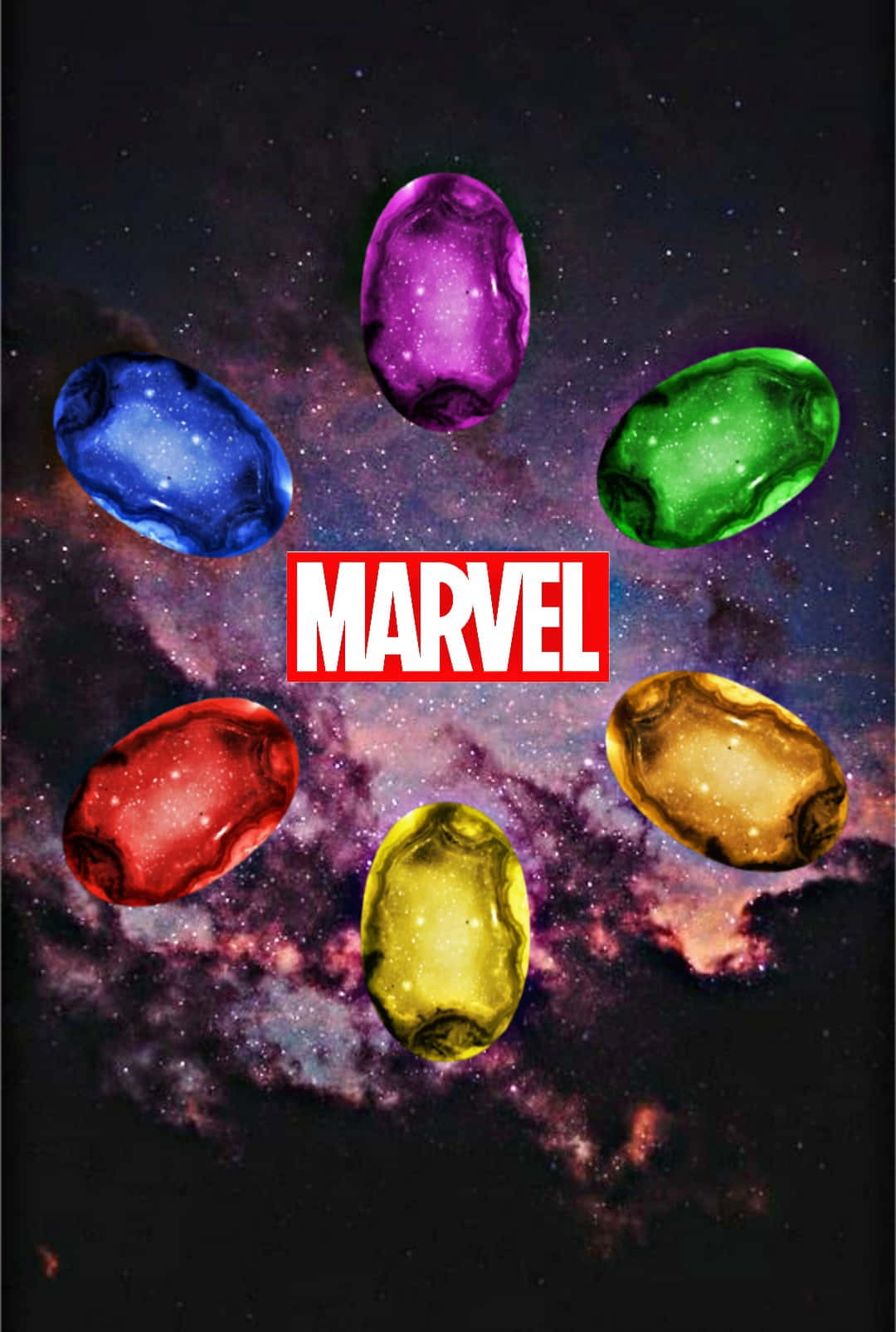 Infinity Gems 桌布 壁紙 — 六顆色彩繽紛的無限寶石漂浮在宇宙星雲中，Marvel 標誌居中位於其下方。