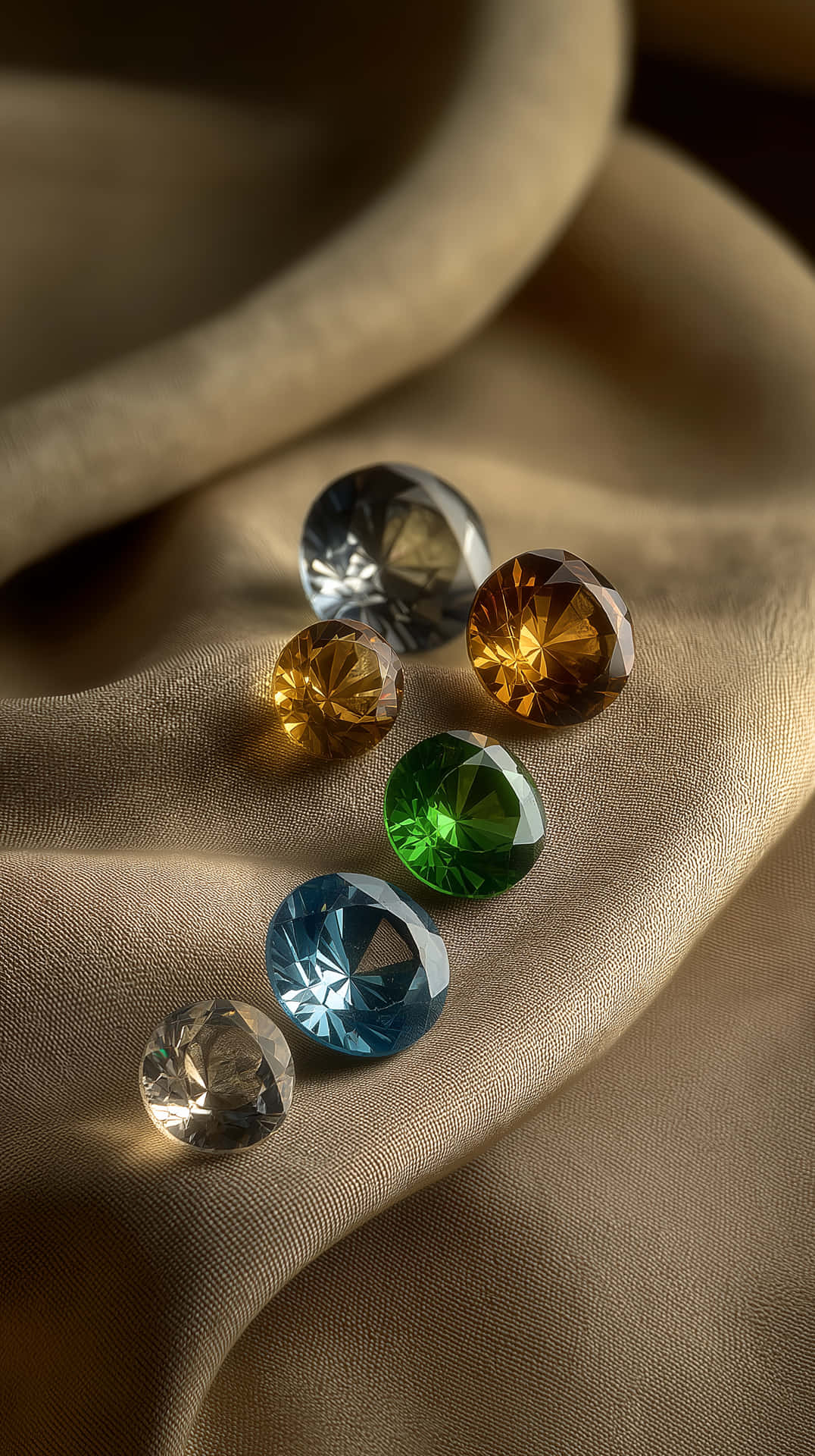 Silken Gem Assortment 壁紙 — 六顆藍色、綠色、黃色和透明的刻面寶石，放置在柔軟的金色布料上，光線效果強烈。