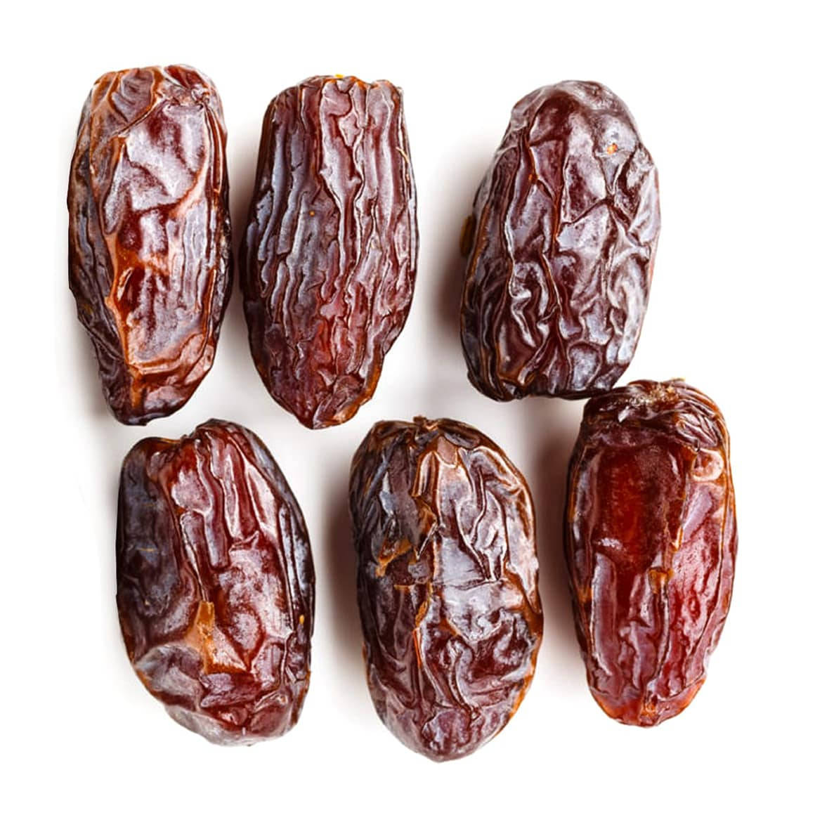 Fruits 桌布 壁紙 — 六顆飽滿的深棕色椰棗，表皮皺褶，排列成兩行，放在純白色背景上。