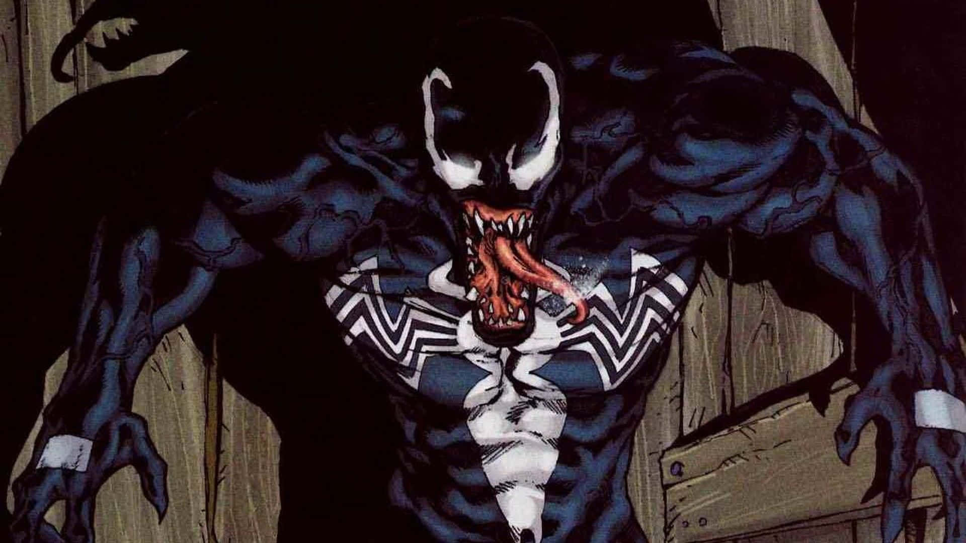 Venom Carnage 桌布 壁紙 — 共生體怪物猛毒在漫畫插圖中對著木牆露出獠牙咆哮。