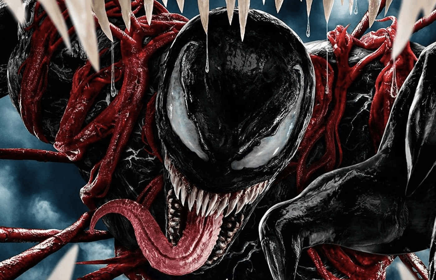 Venom Comic Book 桌布 壁紙 — 共生體猛毒的特寫，帶有發光的白色眼睛滴下毒液和鋒利的牙齒，背景是暴風雨的天空。