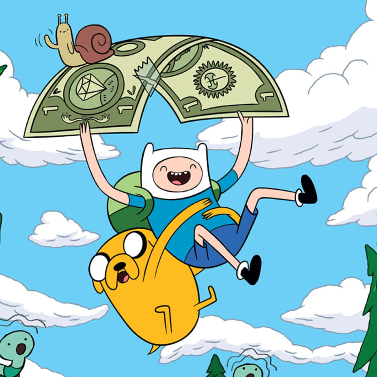 Adventure Time Cute 桌布 壁紙 — 冒險二人組芬恩和傑克快樂地翱翔在明亮的藍天上，手持一把巨大的美元鈔票傘，傘頂有一隻蝸牛。