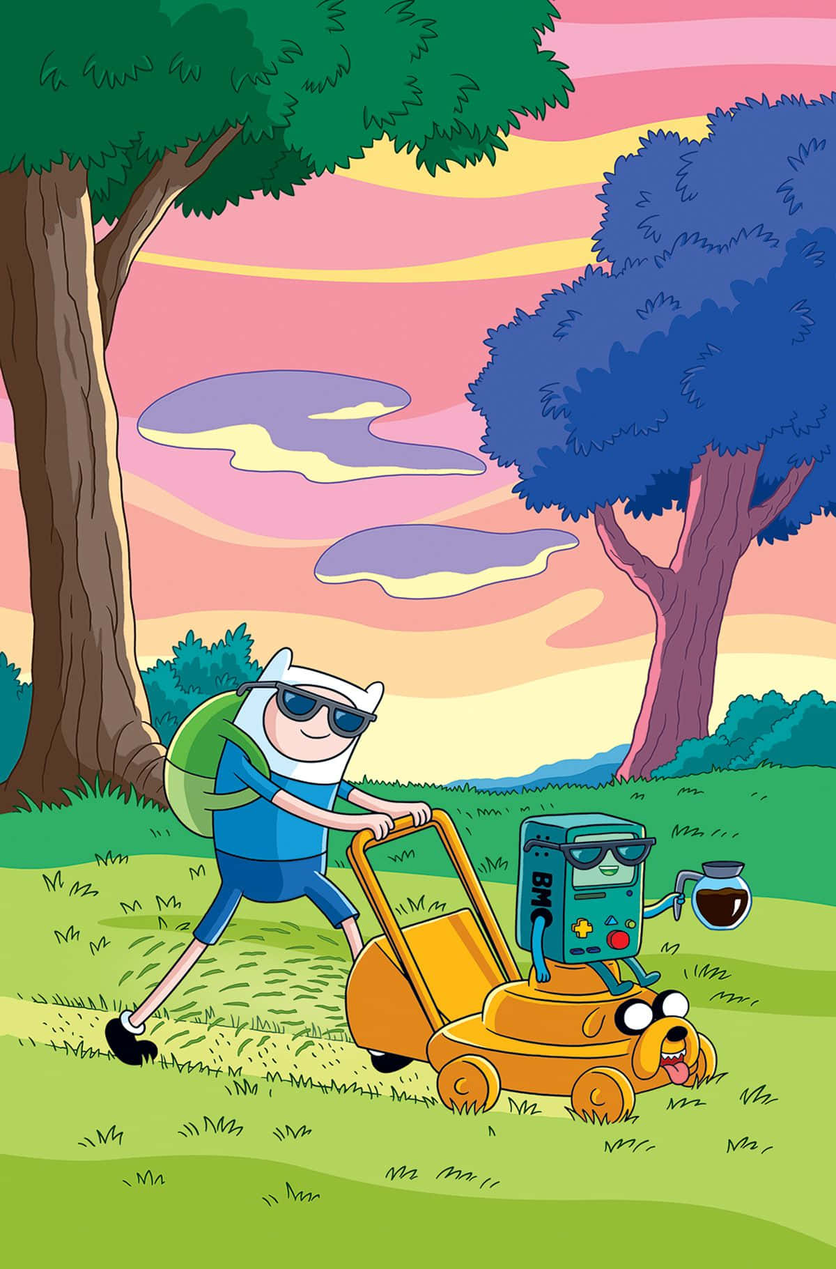 Adventure Time Cute 桌布 壁紙 — 冒險夥伴在粉彩色日落天空下推著除草機穿過充滿活力的田野。
