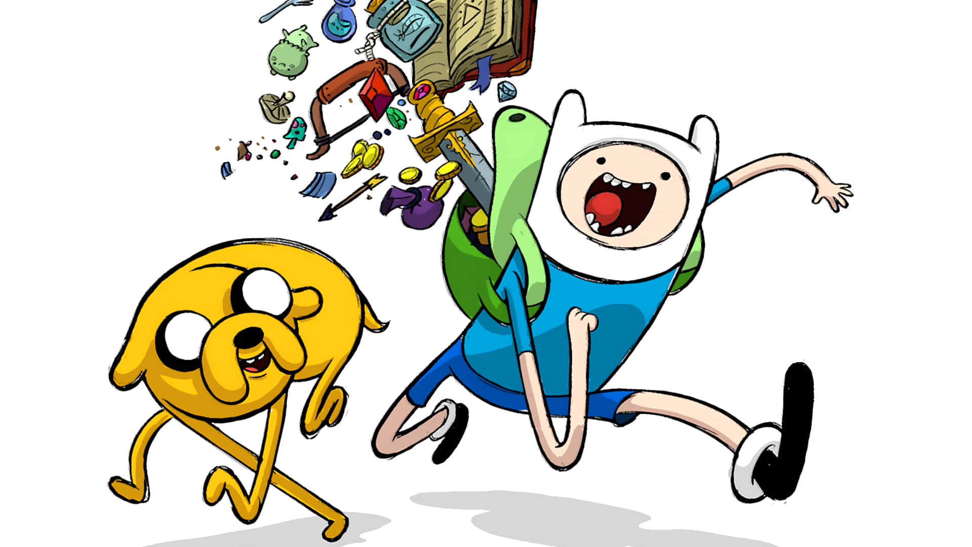 Adventure Time Cute 桌布 壁紙 — 冒險夥伴芬恩和傑克快樂地奔跑，身後有混亂的魔法物品爆炸。