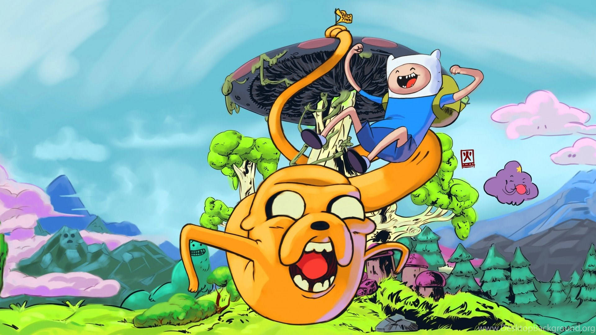 Cartoon Network Characters 桌布 壁紙 — 冒險夥伴芬恩和阿傑開心地騎著巨型蘑菇，穿過一個有山和奇特雲朵的鮮豔卡通風景。