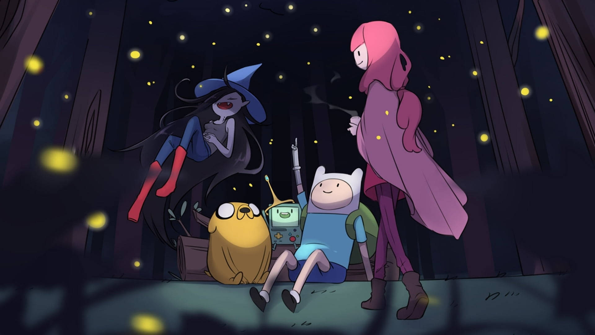 adventure 桌布 壁紙 — 冒險朋友們聚集在黑暗的森林中，螢火蟲在星空下閃爍發光。