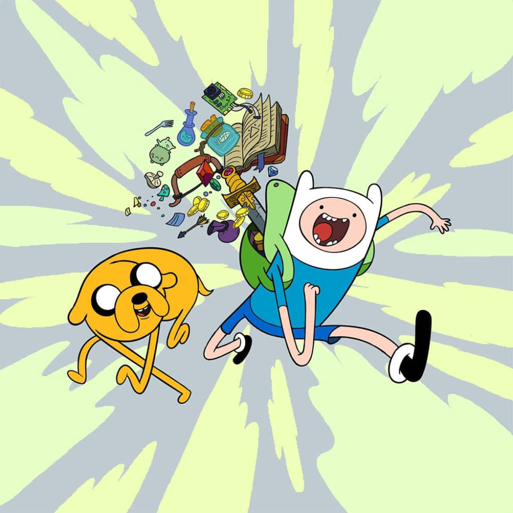 Adventure Time Cute 桌布 壁紙 — 冒險男孩和他的狗在閃耀的綠色和灰色背景下衝過魔法物品的爆發。