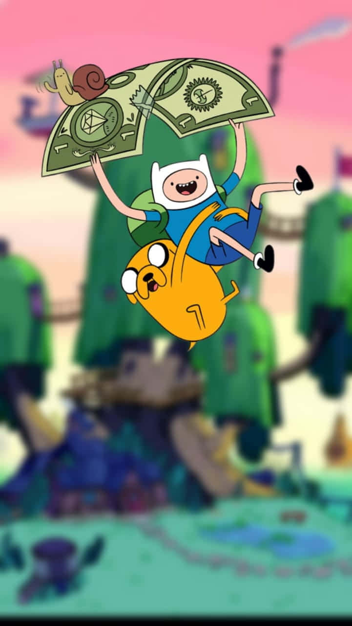 Cute Cartoon Characters 桌布 壁紙 — 冒險男孩和他的狗快樂地飛過粉紅色的天空，手持一個巨大的美元鈔票雨傘，上面有一隻蝸牛。
