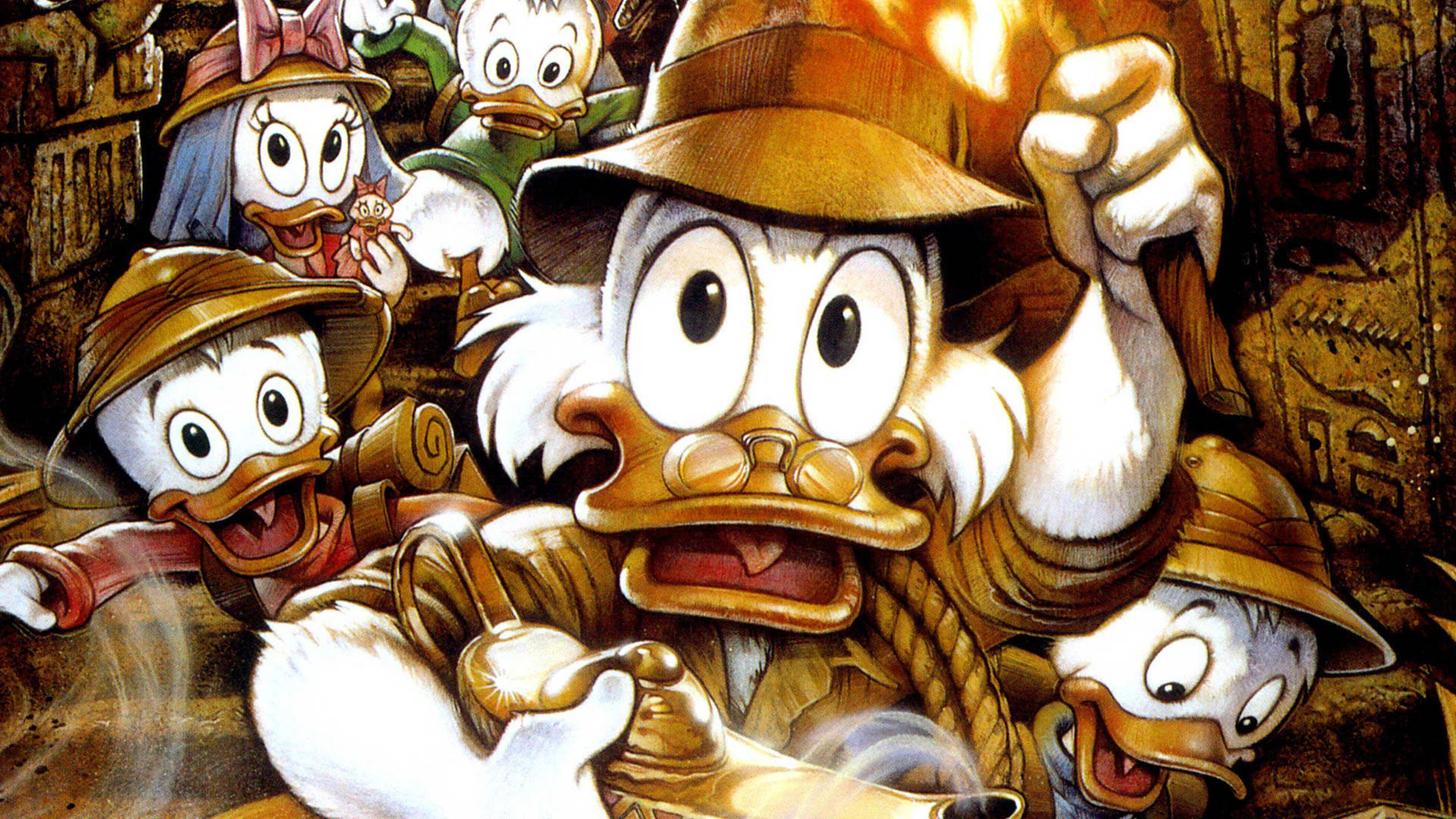 Ducktales 桌布 壁紙 — 冒險裝備的唐老鴨俱樂部團隊，手持熾熱火炬，帶著興奮表情衝破古老寺廟遺跡。