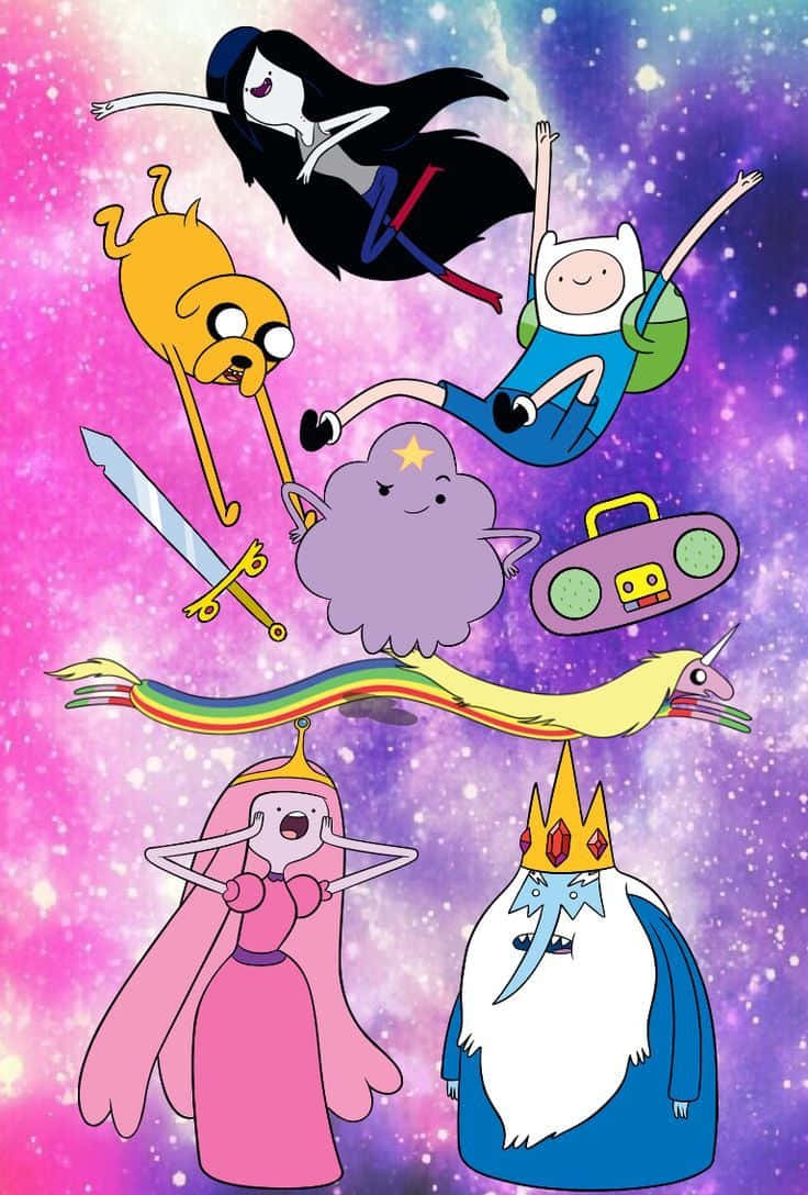 Cartoon 桌布 壁紙 — 冒險角色在充滿星星和星雲的鮮豔宇宙背景下快樂地漂浮。