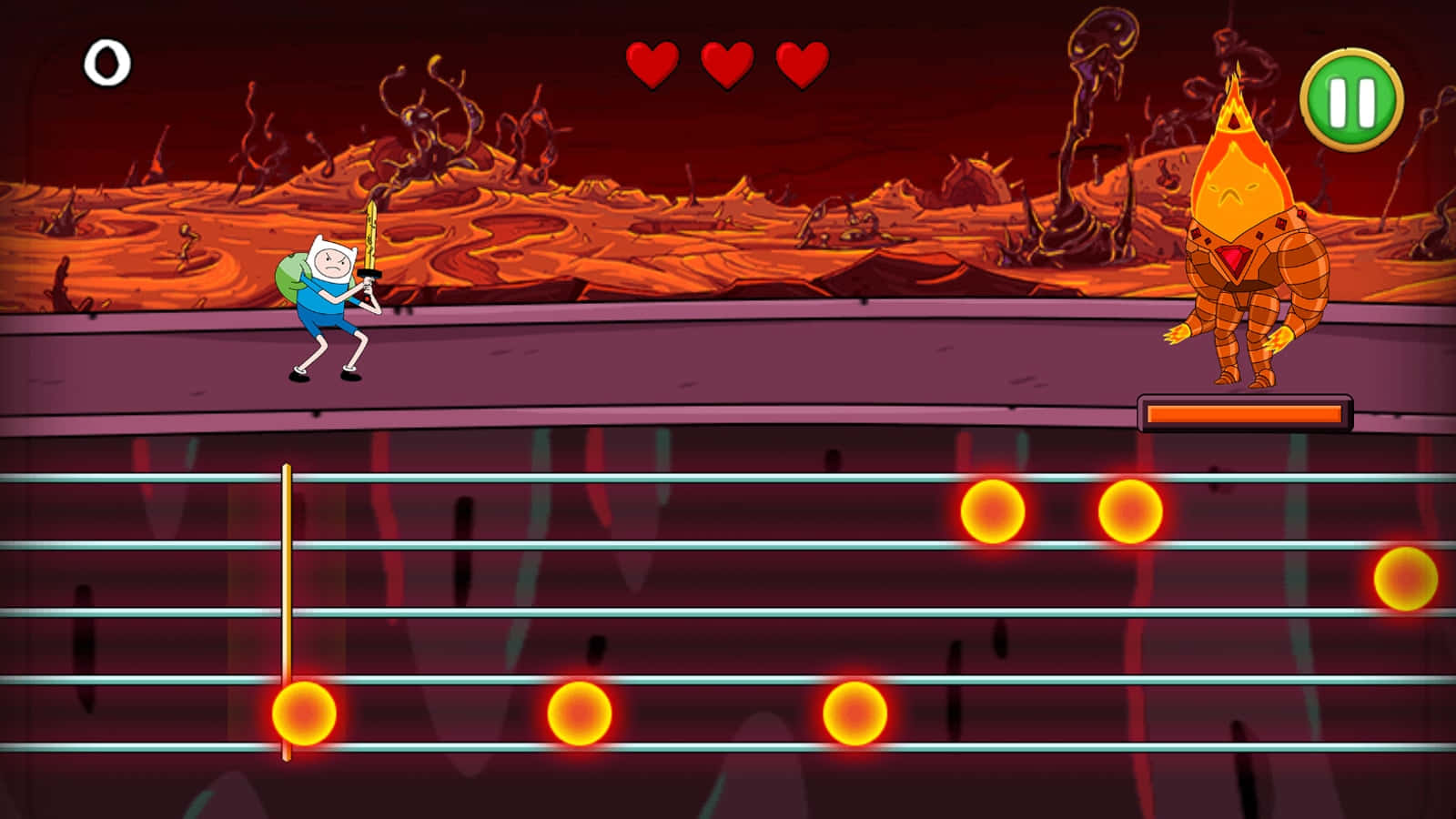 Adventure Time Cute 桌布 壁紙 — 冒險角色在熾熱的熔岩景觀中戰鬥，並帶有音樂音符的遊戲元素。