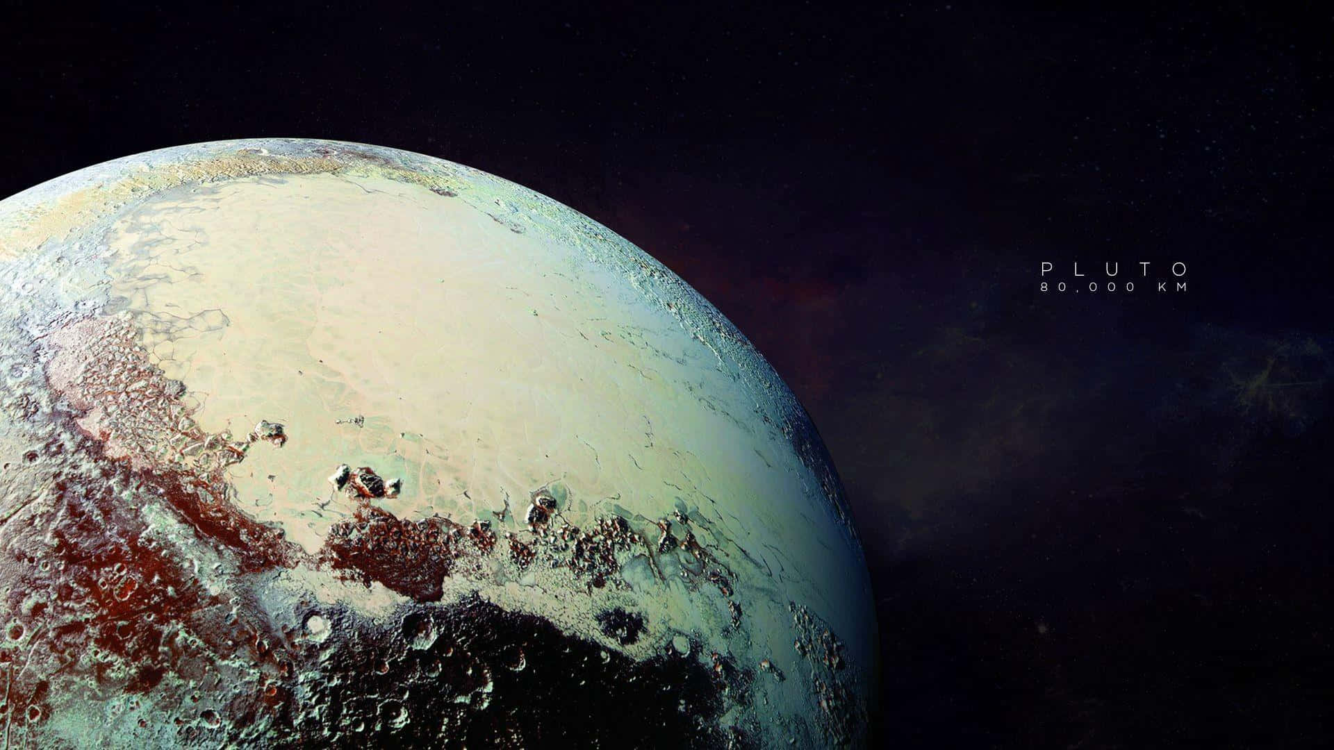 pluto 桌布 壁紙 — 冥王星冰凍表面的詳細視圖，帶有微紅和白色的地形，背景是繁星點點的黑色太空。