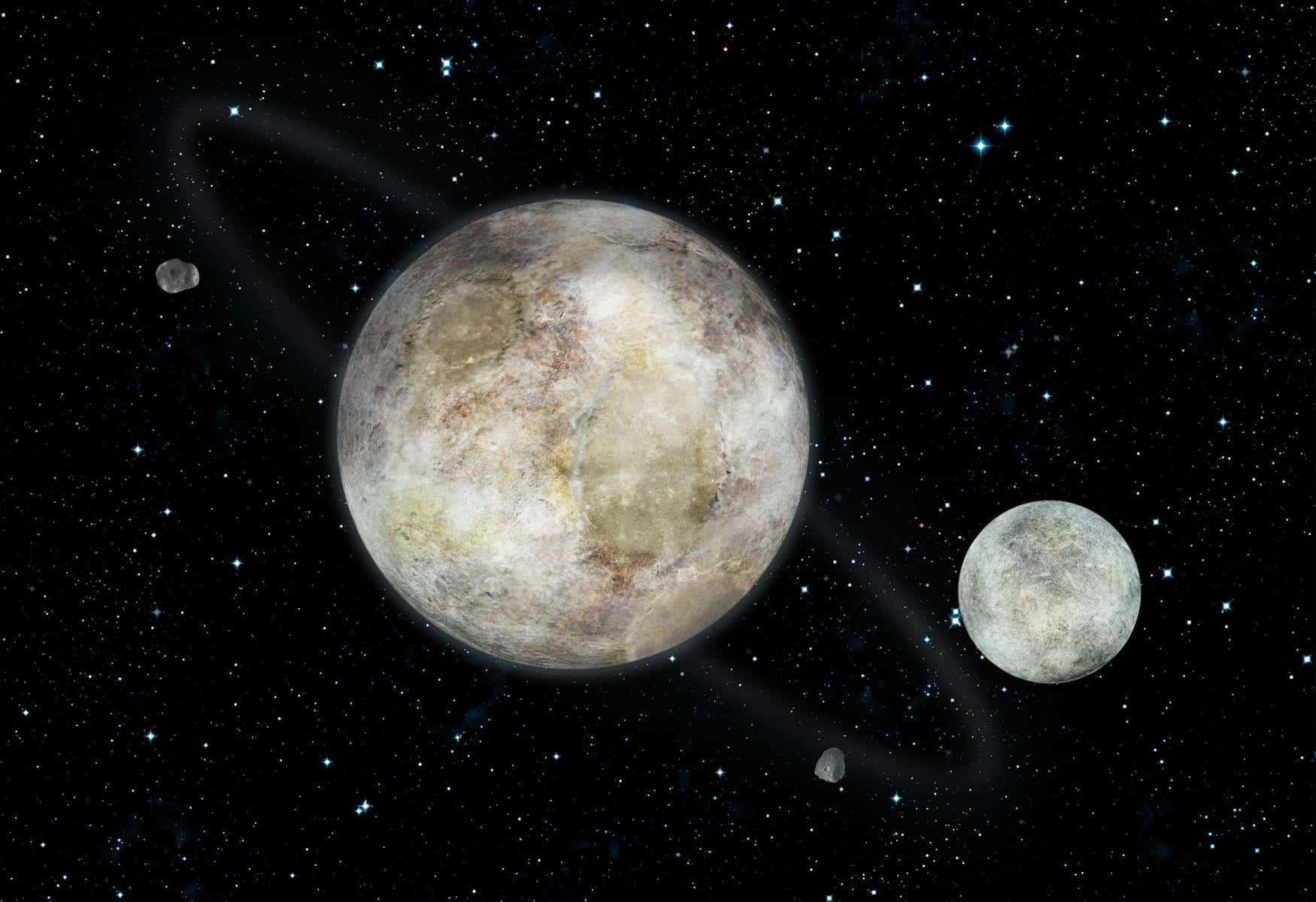 pluto 桌布 壁紙 — 冥王星及其衛星卡戎在星空中與遙遠小行星一起運行的詳細3D渲染圖。