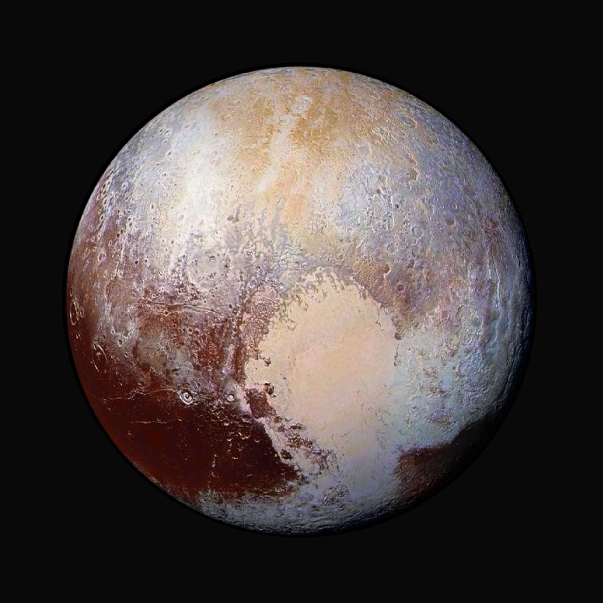 冥王星表面，有冰原和太空中略帶紅色的區域。 — 太陽系 GIF 壁紙