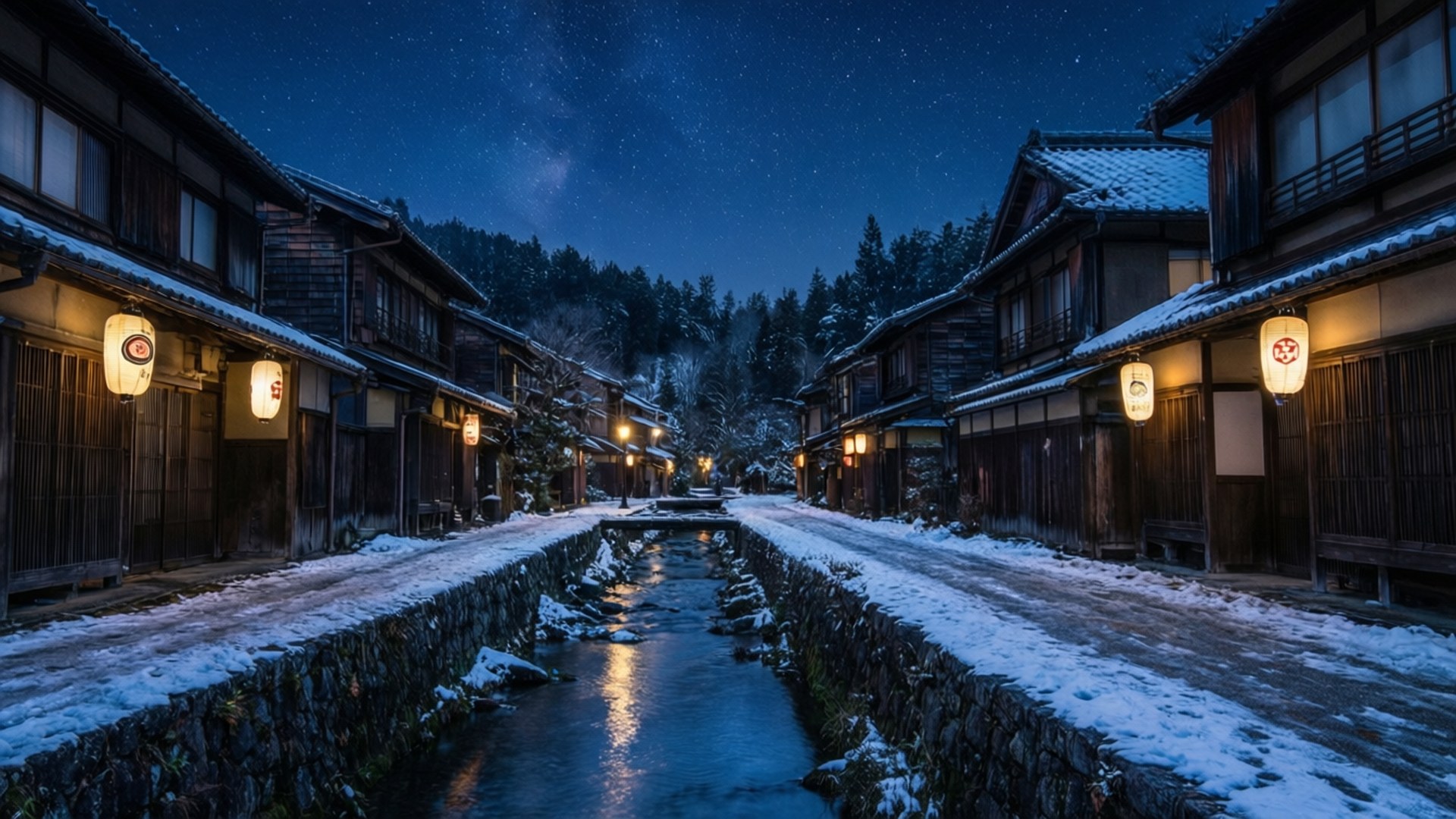 冬夜雪村燈籠 壁紙 — 在星空下，傳統日本村莊的雪夜，石砌小溪中倒映著發光的燈籠。