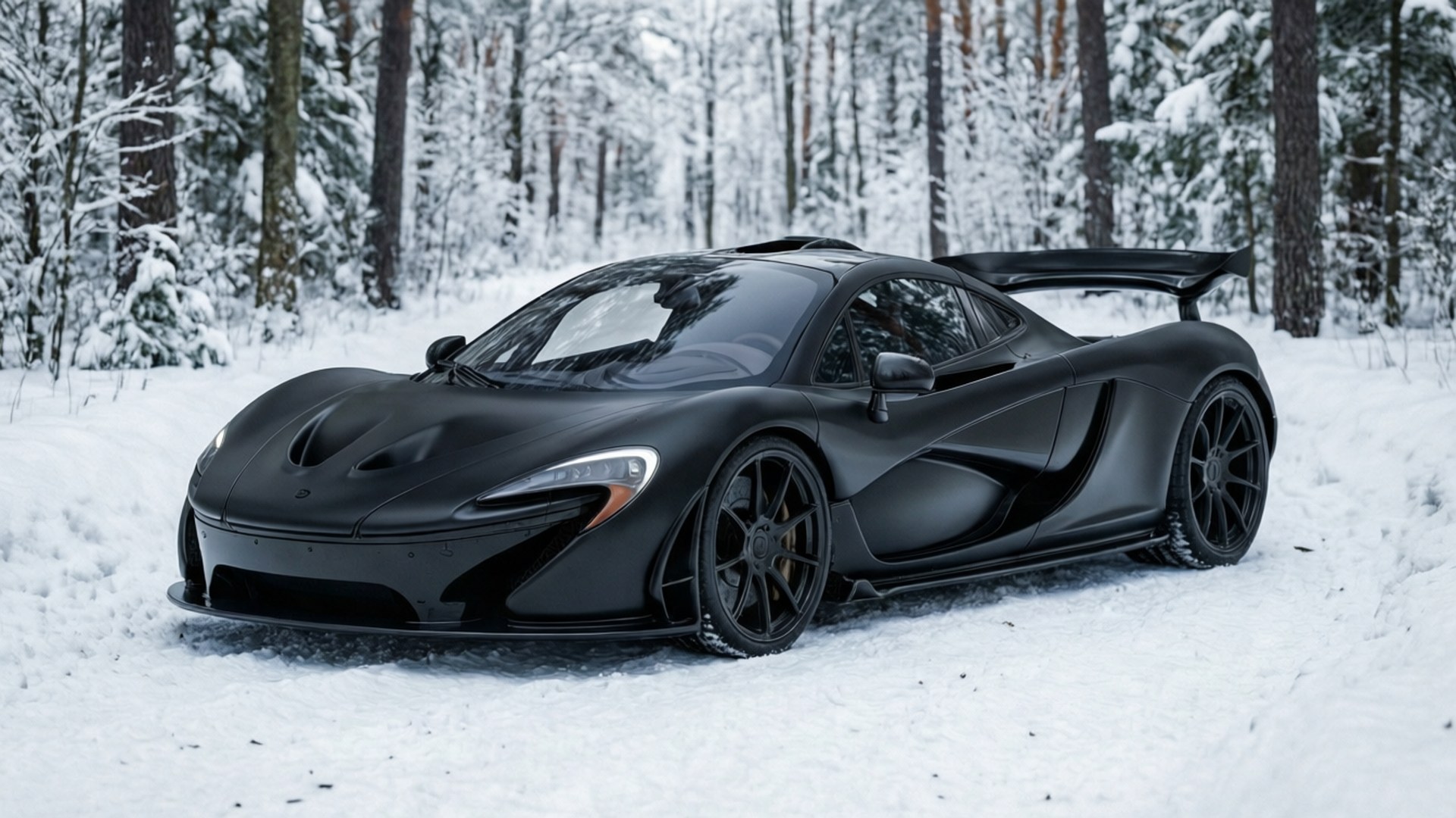 冬季P1黑色 壁紙 — 一輛消光黑色的McLaren P1超級跑車停放在雪覆蓋的樹木和地面的雪森林中。