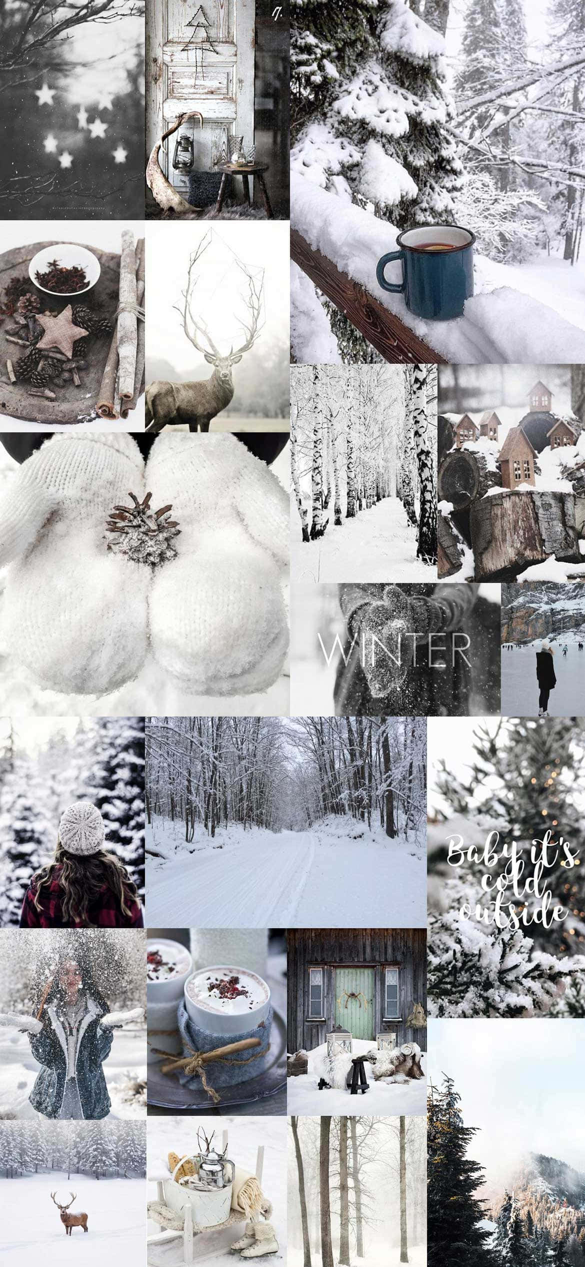 Winter Aesthetic Collage 桌布 壁紙 — 冬季拼貼畫，以白雪覆蓋的森林、舒適的小木屋和節日裝飾為特色，配有藍色馬克杯和松果點綴。