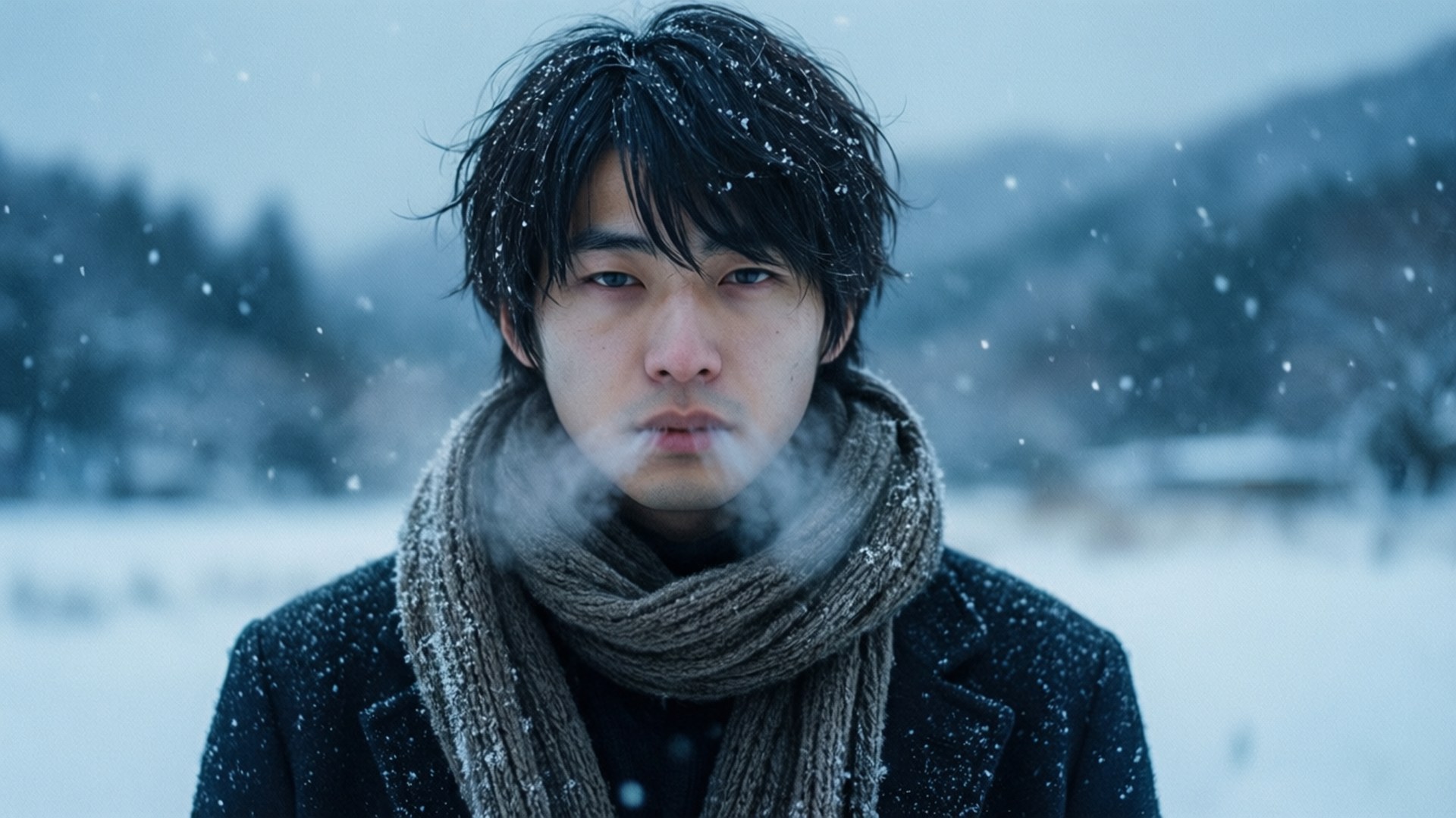 冬季的三葉宗介 壁紙 — 一個戴著厚圍巾的年輕男子在飄雪的冬季背景下呼出蒸汽。