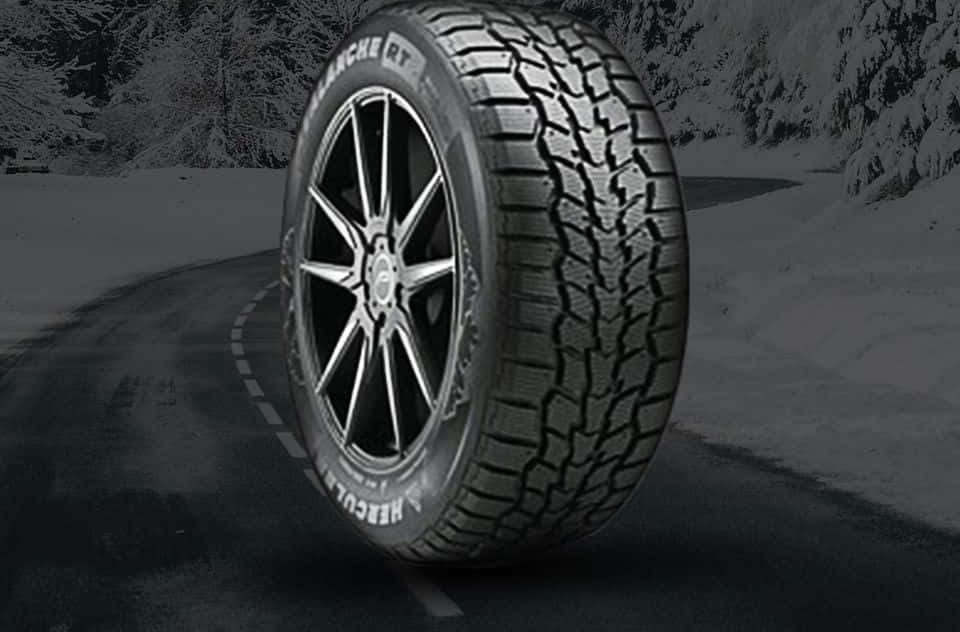 Winter Tires 桌布 壁紙 — 冬季輪胎在積雪山路上的特寫，背景有積雪覆蓋的樹木。
